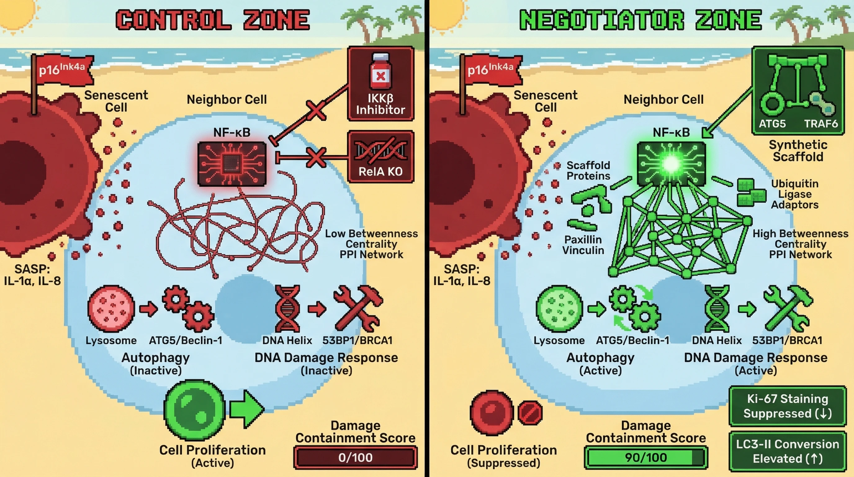 Mechanism: Senescent cells secrete SASP factors that activate NF-κB in nearby cells, triggering the expression of scaffold proteins that rewire the local protein-protein interaction network into a high-betweenness hub. Readout: This hub enhances autophagy and DNA damage response while suppressing hyperproliferation, creating a protective 'negotiator zone'.