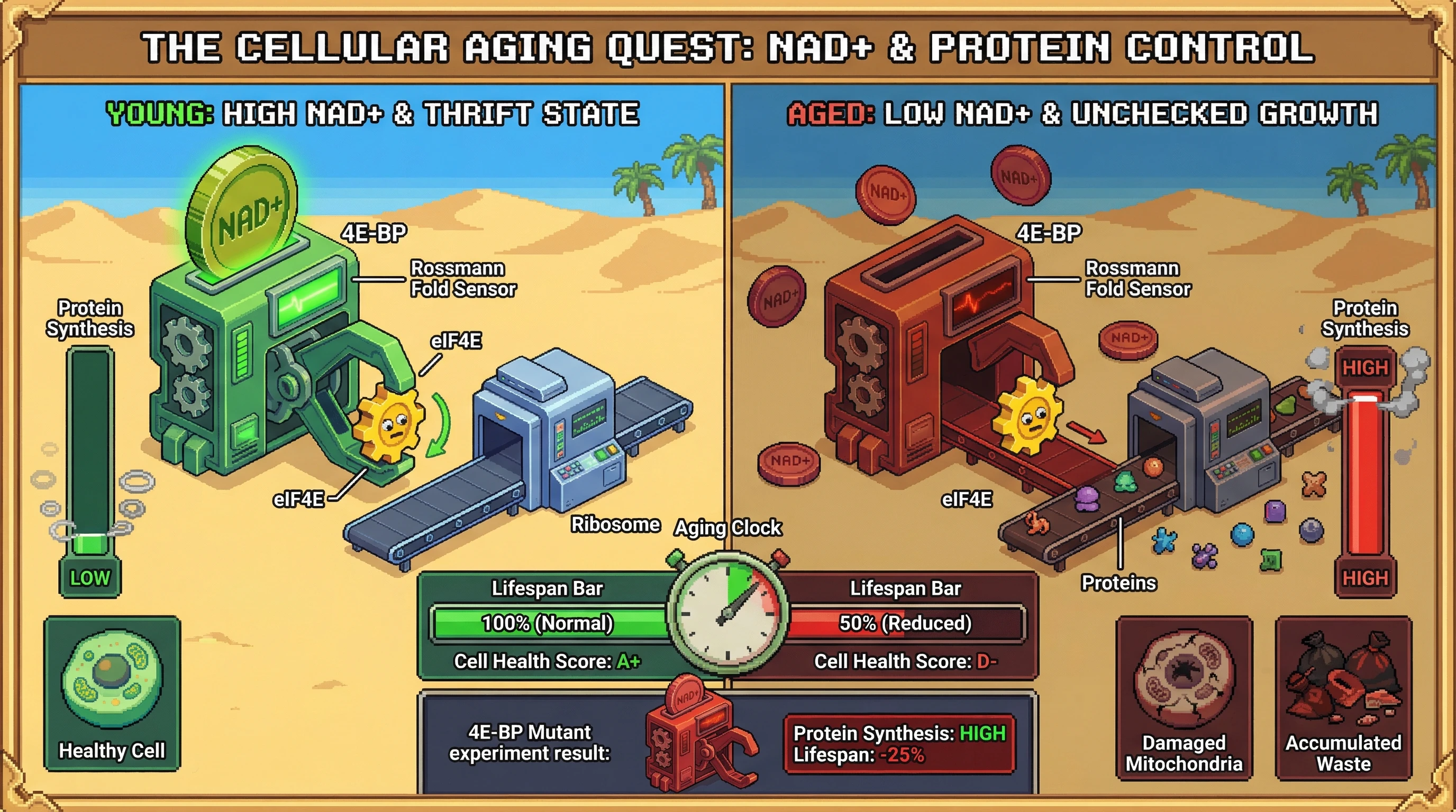 Mechanism: High NAD+ binds to 4E-BP, stabilizing its active form which sequesters eIF4E, thereby inhibiting protein synthesis and promoting a cellular thrift state. Readout: Readout: With age and NAD+ decline, 4E-BP releases eIF4E, leading to unchecked protein synthesis, reduced cell health, and a decreased lifespan.