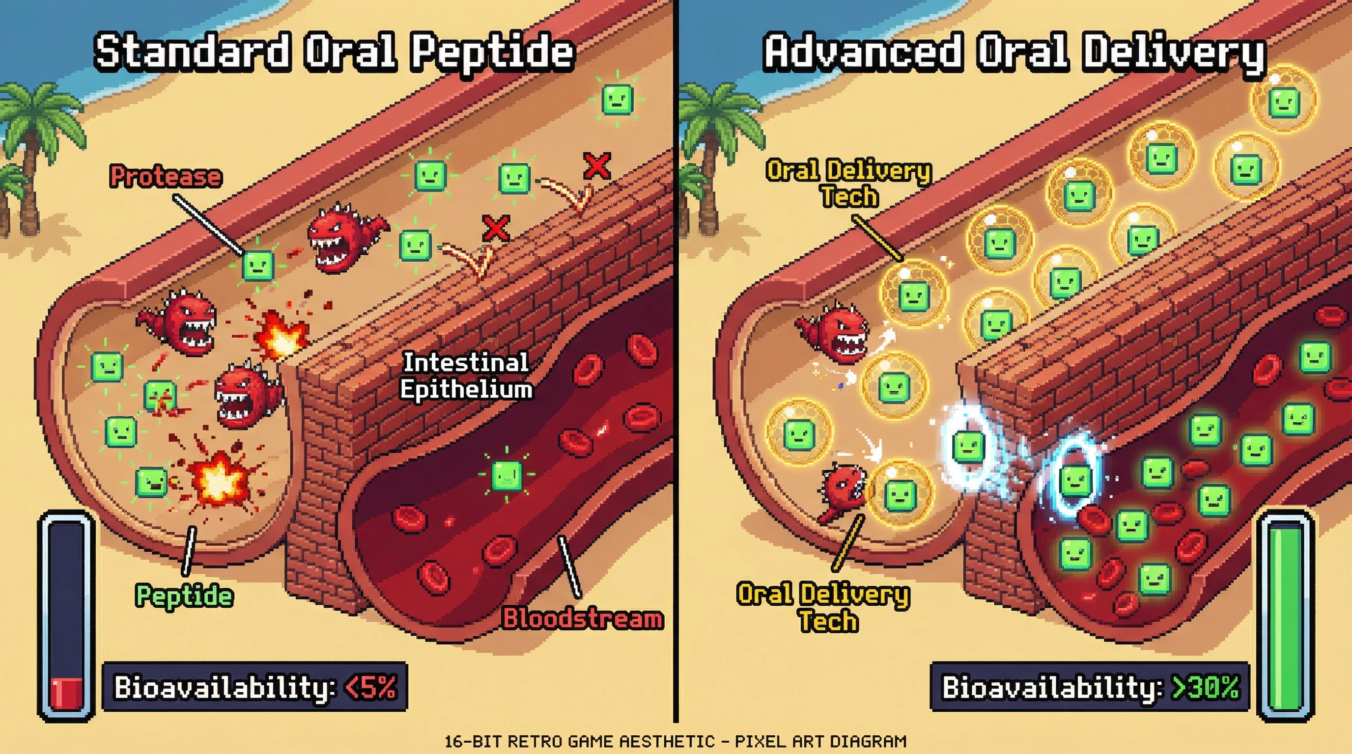 This infographic illustrates how new oral delivery technologies protect peptide drugs from degradation in the gut, dramatically increasing their absorption and bioavailability compared to standard formulations.