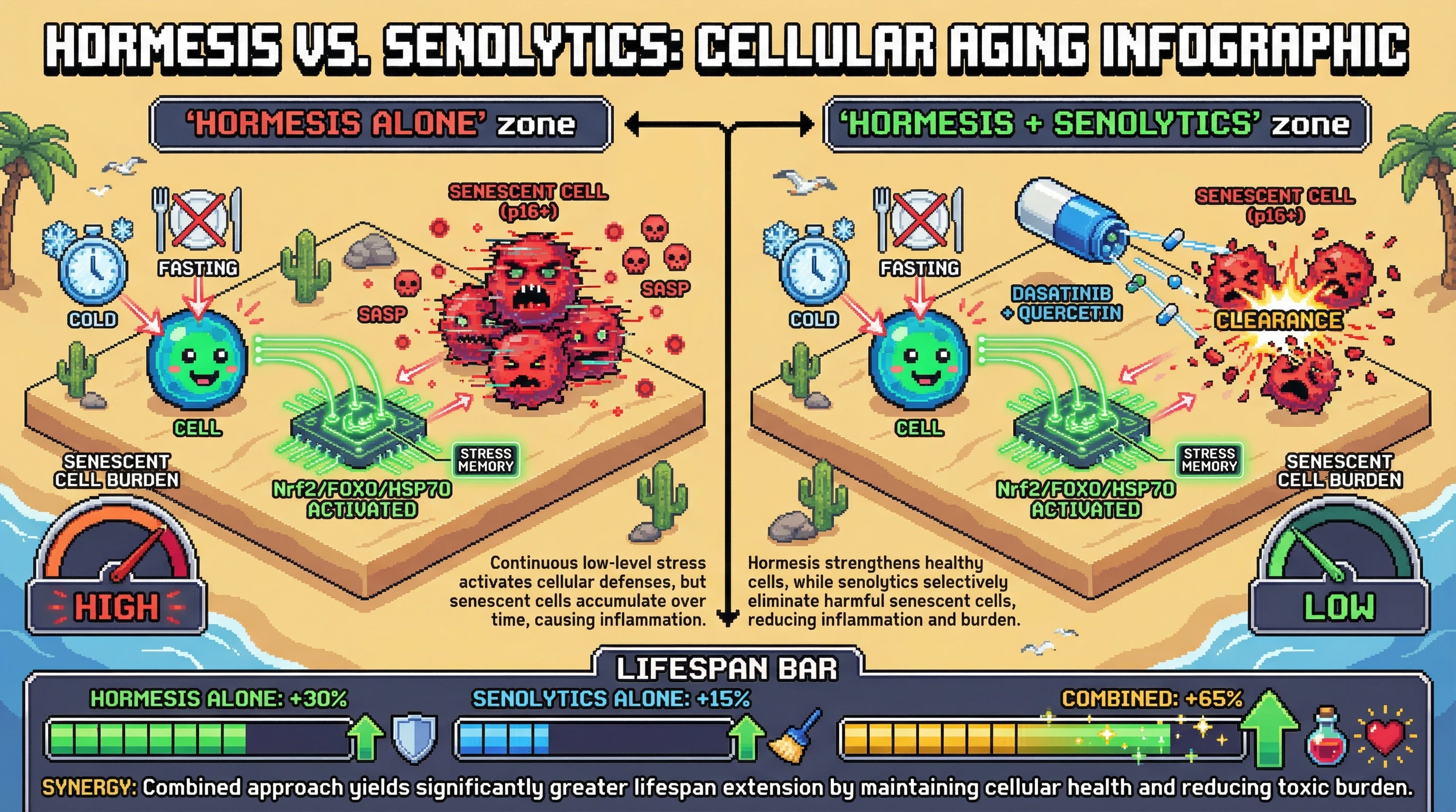Mechanism: Intermittent hormetic stress creates a 'stress memory' (Nrf2/FOXO/HSP70 activation) but allows senescent cells to accumulate due to a protective 'blind spot'. Readout: Readout: Combining hormesis with senolytics (dasatinib + quercetin) clears senescent cells, achieving a supra-additive lifespan extension of +65% compared to controls.