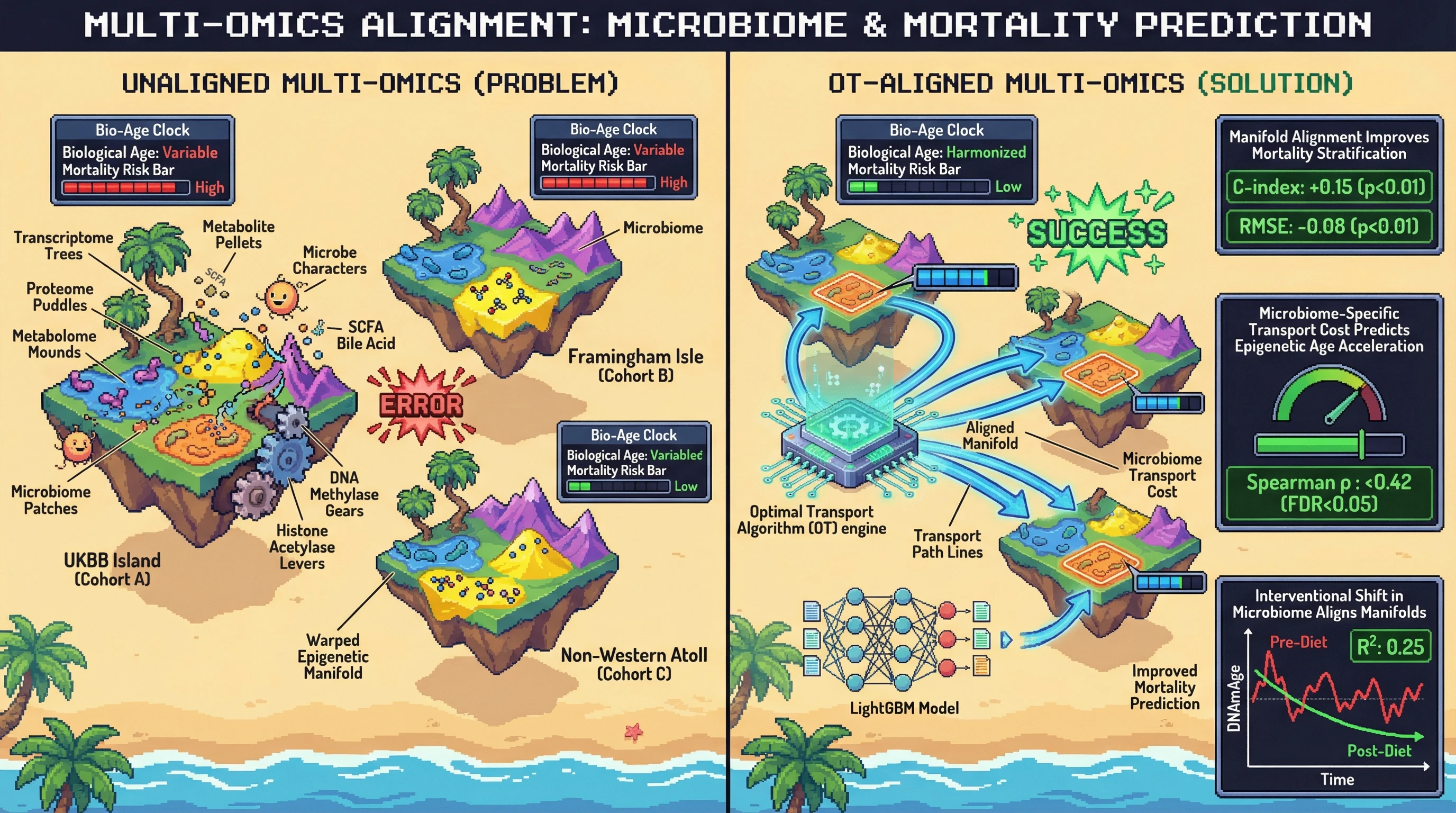 Infographic for: Aligning Multi-Omics Biological Age Manifolds Across Cohorts via Optimal Transport Reveals Microbiome-Driven Epigenetic Aging