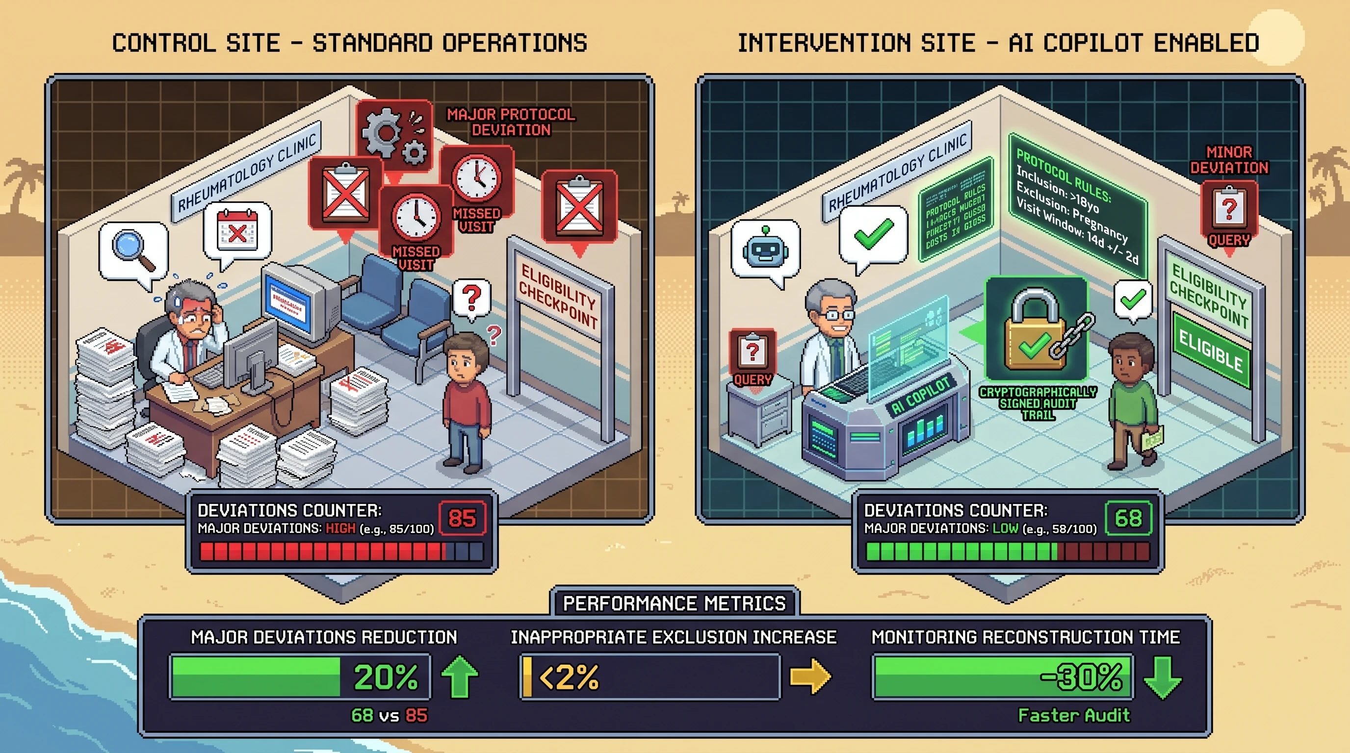 Infographic for: Hypothesis: Protocol-bound AI copilots with cryptographically signed audit trails will reduce major clinical trial deviations without increasing inappropriate exclusions