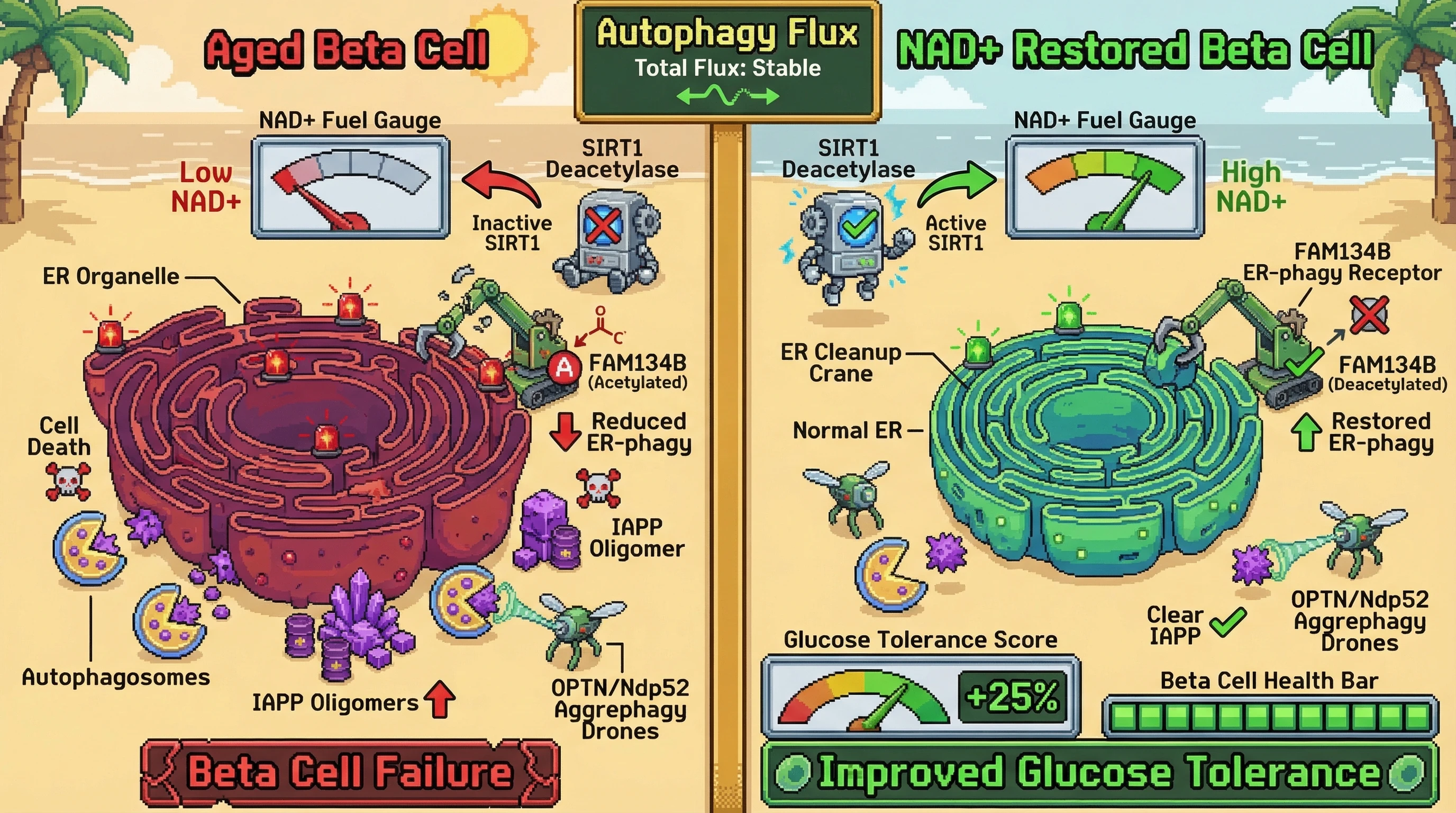 Mechanism: In aging beta cells, NAD+ decline reduces SIRT1 activity, leading to hyper-acetylated FAM134B and reduced ER-phagy, causing ER expansion and proteotoxic stress. Readout: NAD+ restoration activates SIRT1, deacetylating FAM134B and restoring ER-phagy, while also enhancing aggrephagy via TBK1.