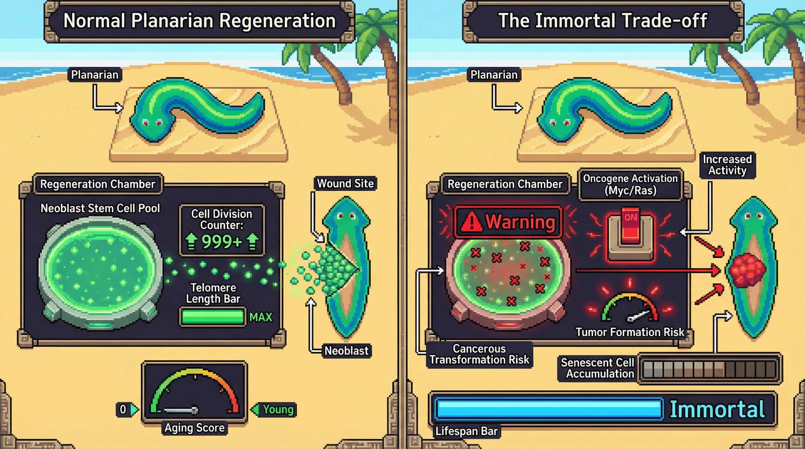 Infographic for: Planarians Regenerate Forever Without Aging—But Their Stem Cells Hold a Dark Secret