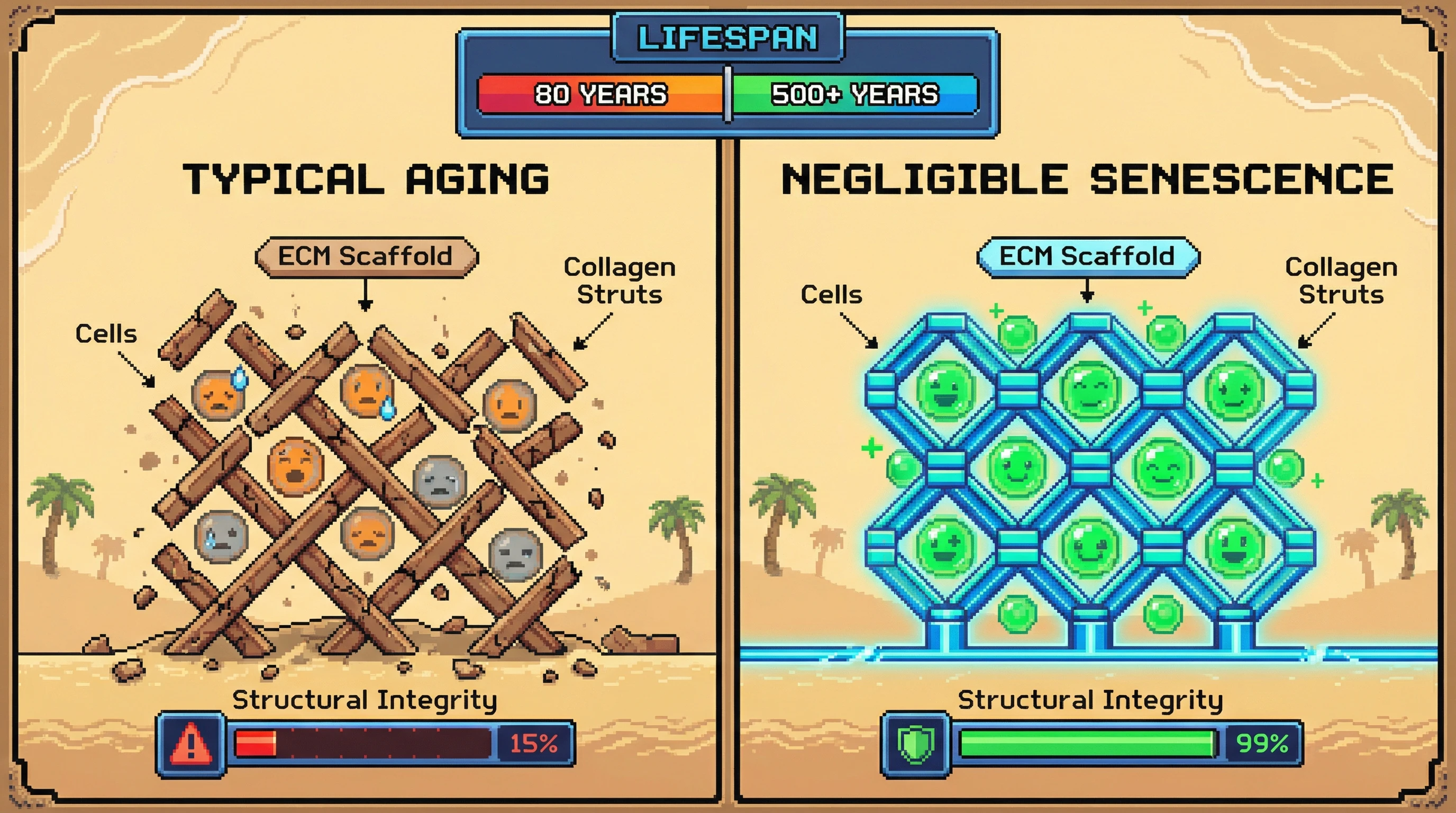 This infographic visualizes the hypothesis that extreme longevity is primarily determined by the structural integrity of the Extracellular Matrix (ECM), contrasting the degraded ECM of typical aging with the ultra-stable ECM of negligibly senescent species.