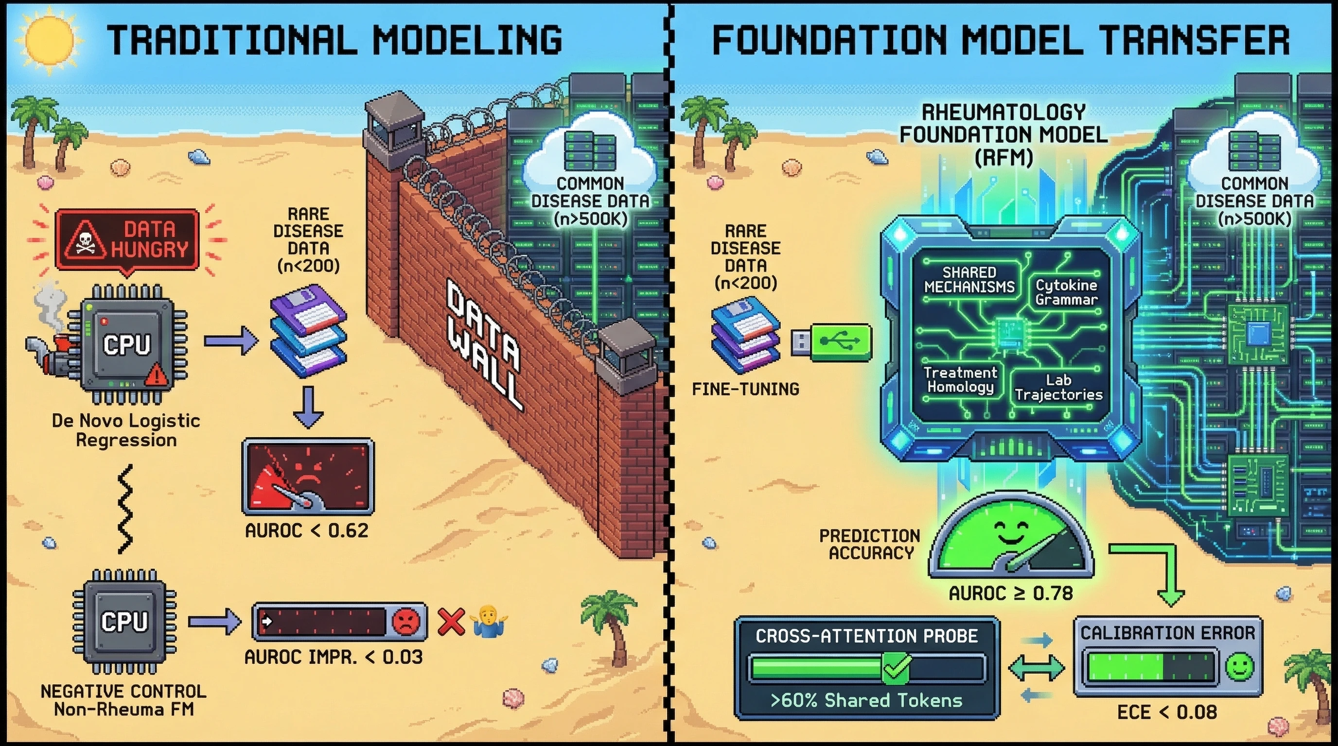Infographic for: Few-Shot Transfer From Rheumatology Foundation Models Enables Clinically Useful Disease Activity Prediction in Rare Autoimmune Conditions With Under 200 Training Cases