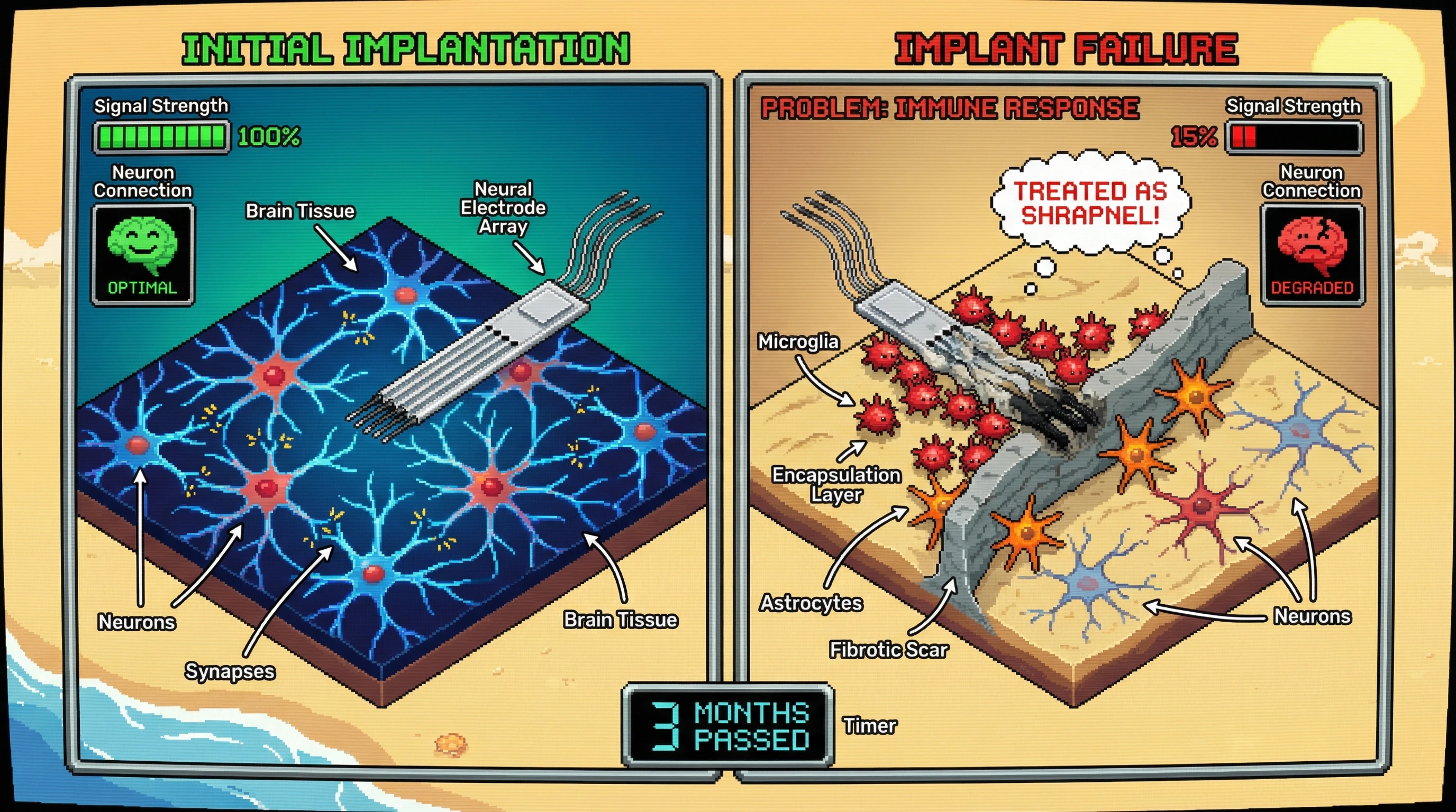 This infographic illustrates the biological mechanism of neural implant failure, showing how microglia and astrocytes form a fibrotic scar that degrades signal transmission over time, treating the implant as a foreign object rather than an integrated component.