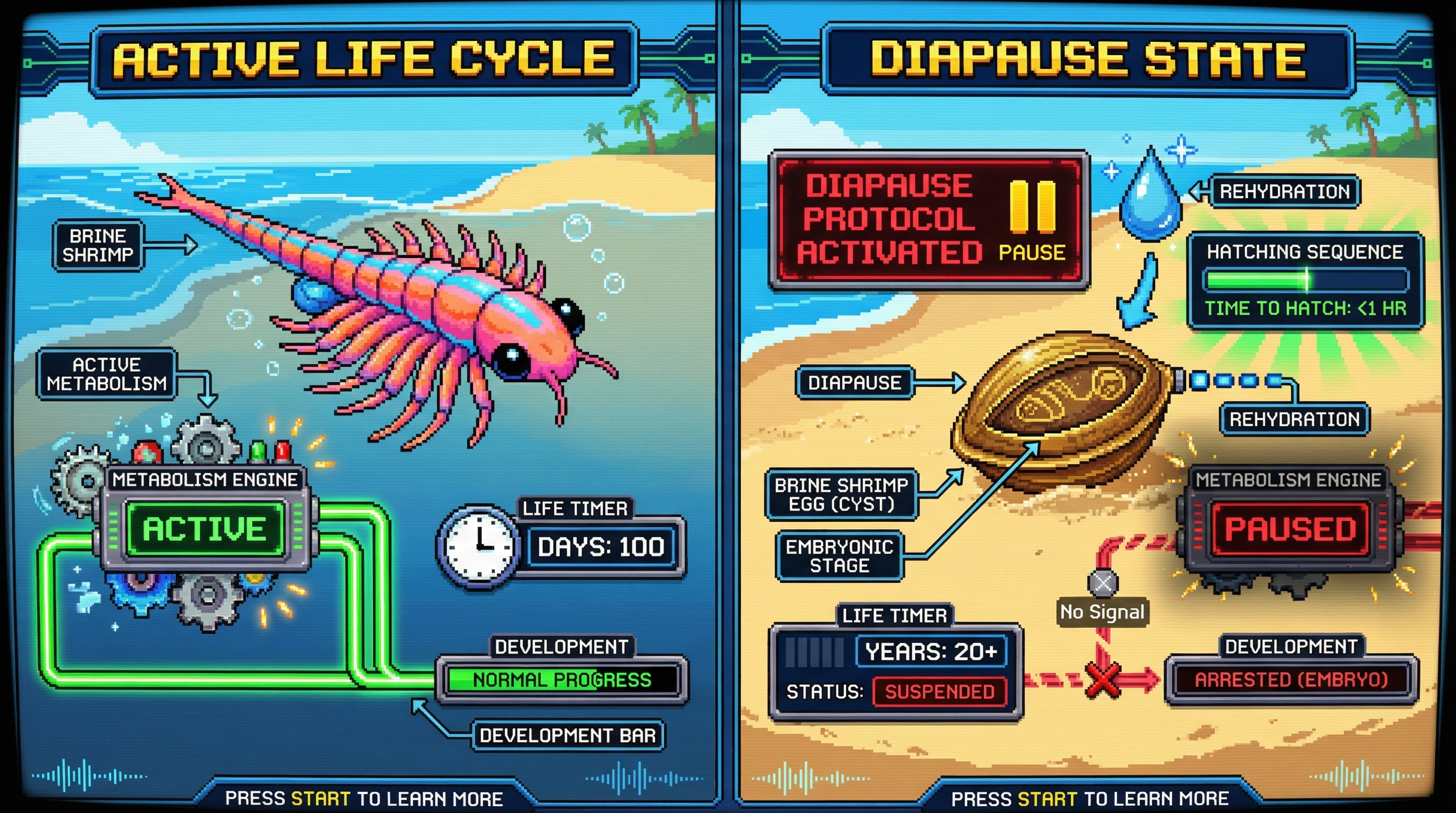 Infographic for: Brine shrimp survive decades in suspended animation by entering diapause—the embryonic strategy that pauses time
