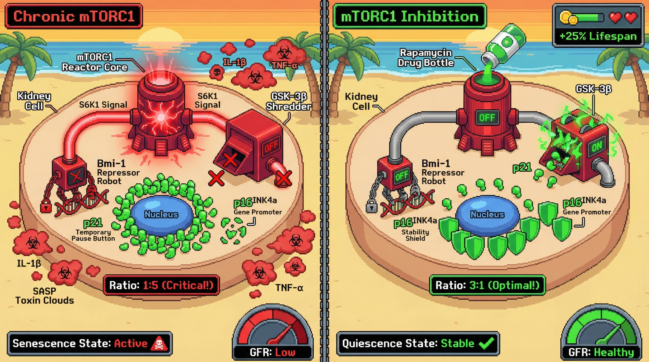 Infographic for: mTORC1 Sets the p16INK4a/p21 Stoichiostat: A Checkpoint Rheostat Governing Tubular Quiescence vs Senescence