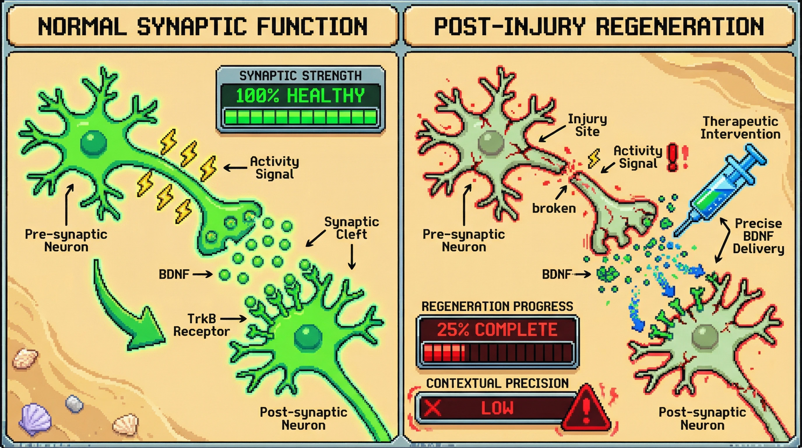 Infographic for: BDNF is how the nervous system encodes "this connection matters"—and why recovery after injury is so hard
