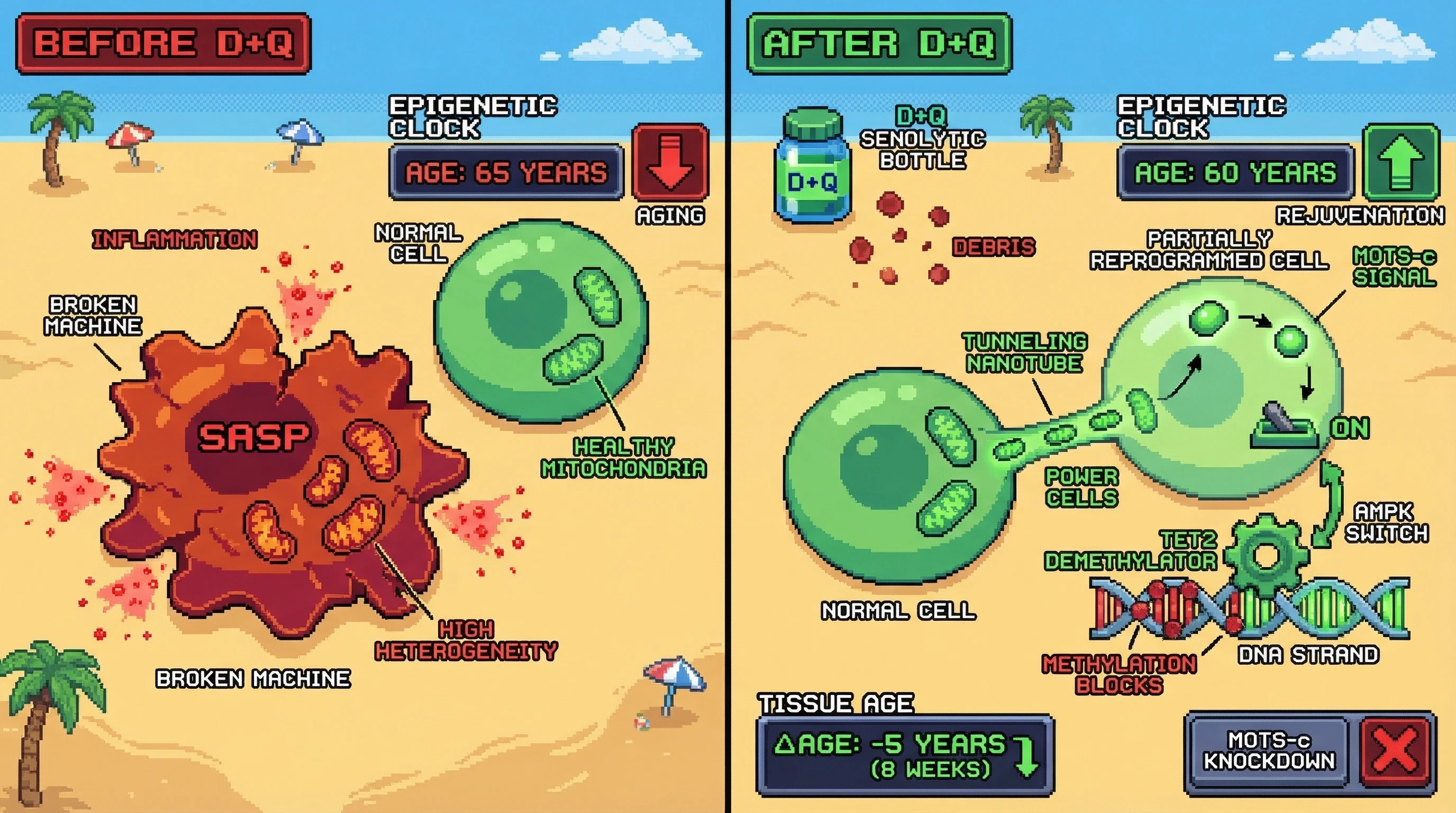 Infographic for: Senolytic-Induced Mitochondrial Transfer via Tunneling Nanotubes Resets Epigenetic Clocks in Adjacent Tissue Through MOTS-c/AMPK/TET2 Signaling