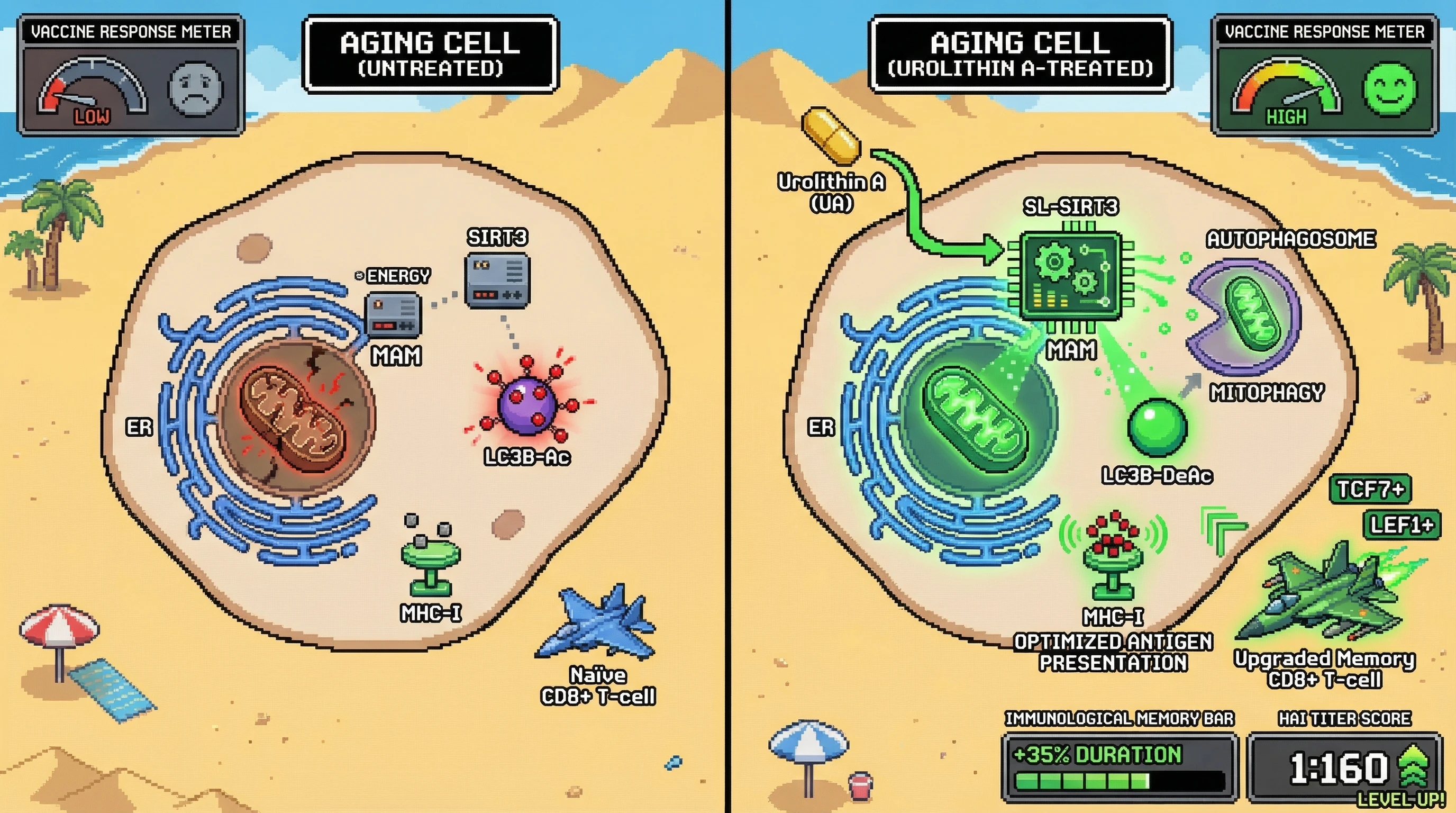 Infographic for: Urolithin A‑Driven SL‑SIRT3‑LC3B Axis at Mitochondrial‑ER Contacts as a Mechanism to Boost Vaccine‑Induced CD8⁺ T‑Cell Memory in Older Adults
