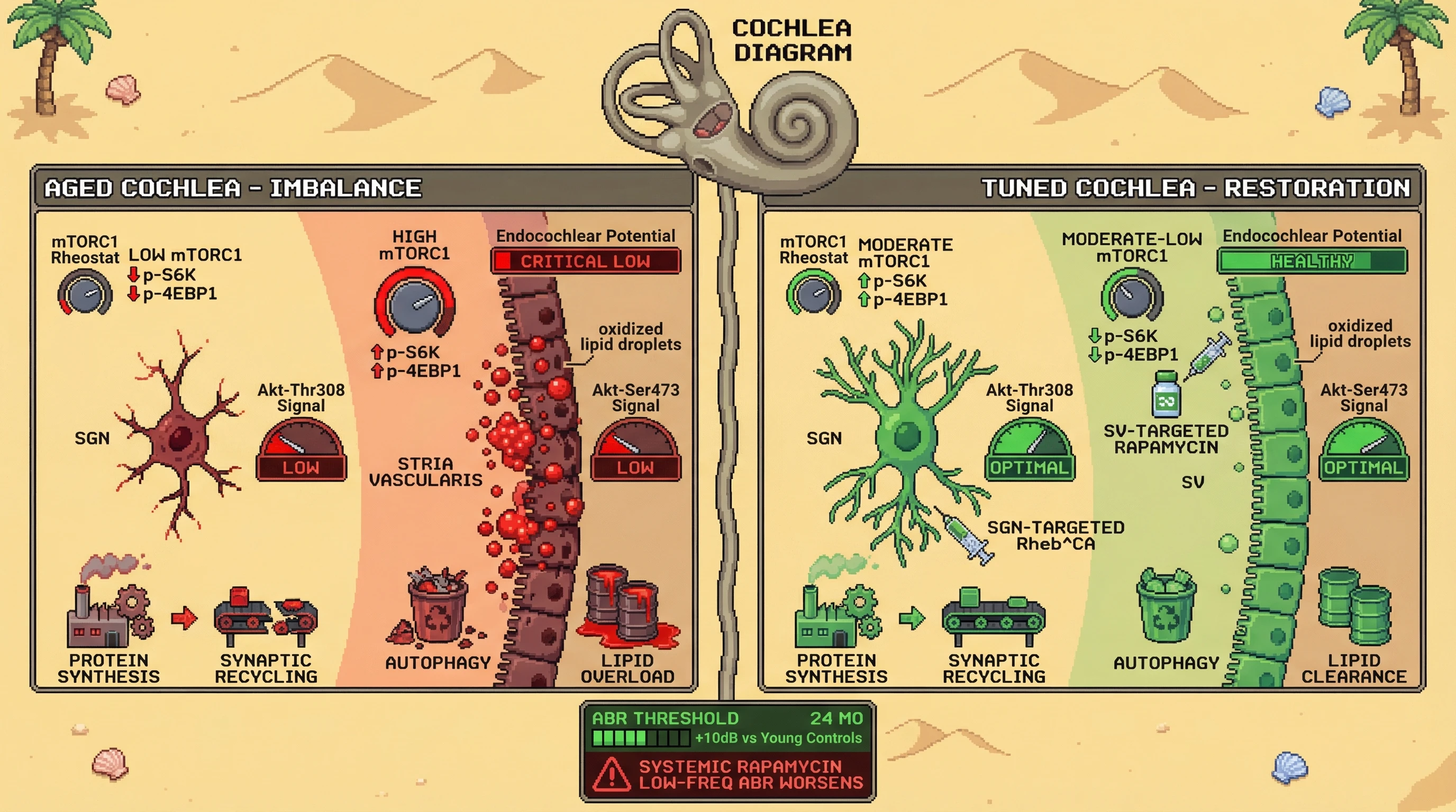 Infographic for: Cell-Type-Specific mTOR Setpoints Dictate Cochlear Aging: A Tunable Rheostat Model for Presbycusis