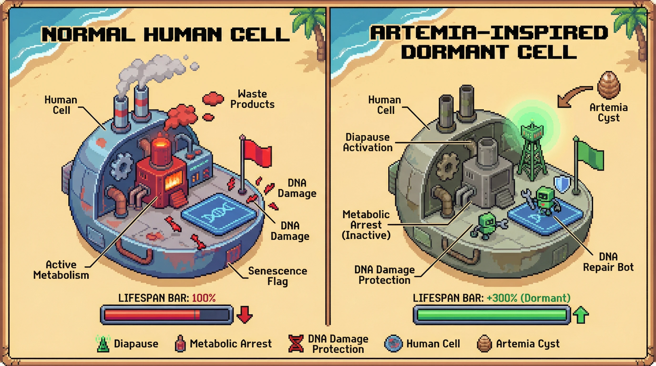 This infographic illustrates the concept of Artemia-inspired controlled dormancy, comparing an active human cell with one potentially achieving metabolic arrest and DNA protection, leading to extended 'lifespan' similar to brine shrimp cysts.