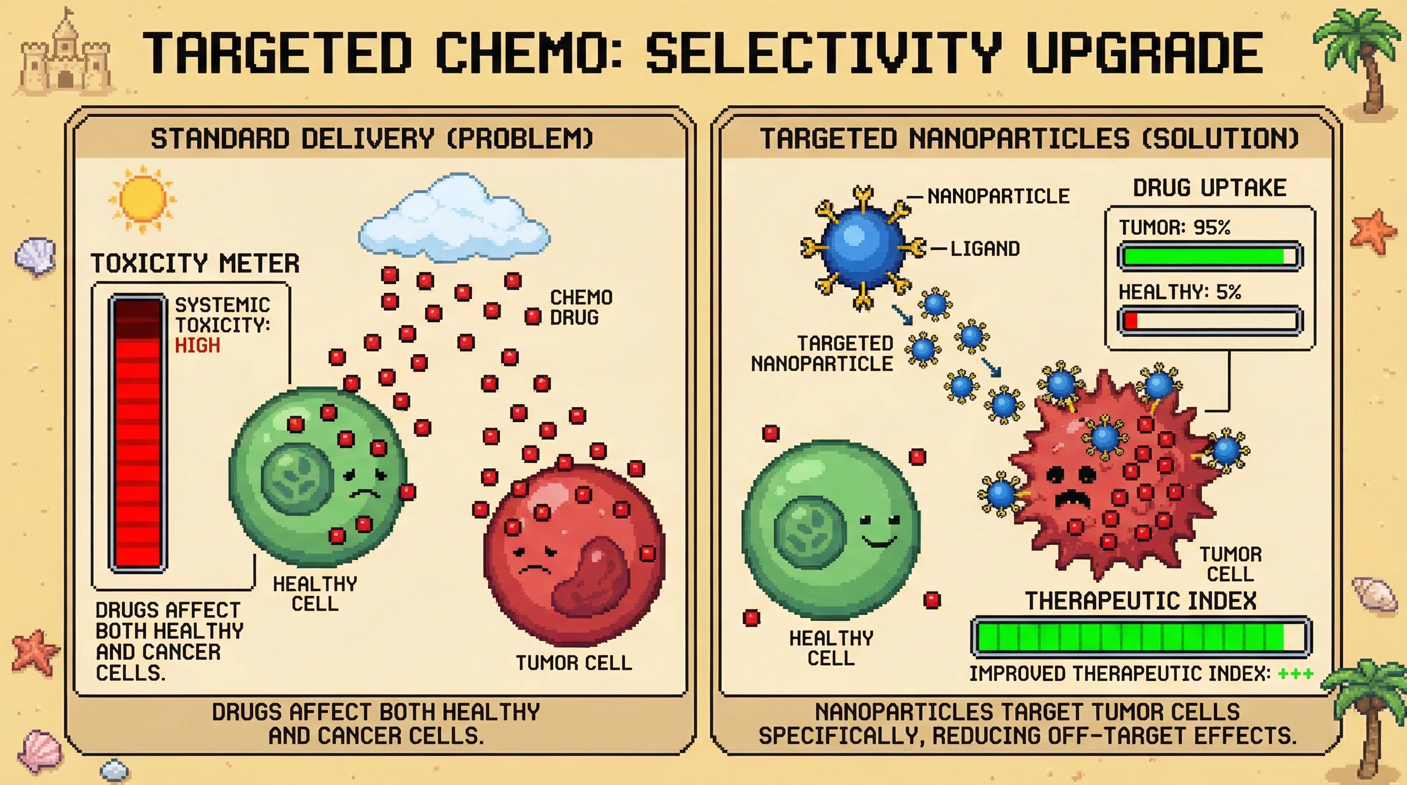 Mechanism: Targeted nanoparticles, functionalized with tumor-specific ligands, deliver chemotherapeutic agents directly to tumor cells. Readout: Readout: Drug uptake efficiency is significantly higher in tumor cells (95%) compared to healthy cells (5%), leading to an improved therapeutic index.
