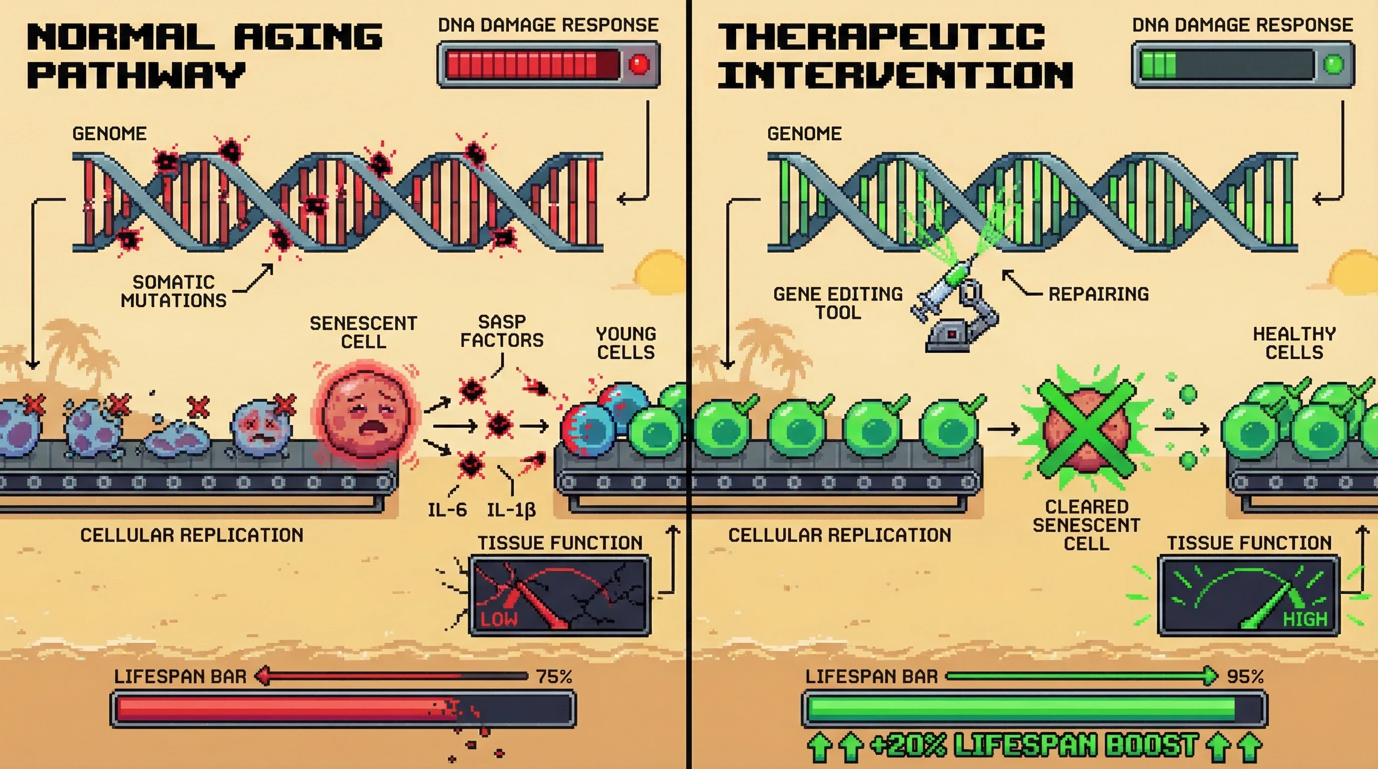 Mechanism: Accumulation of somatic mutations drives cellular senescence and SASP factor release, impairing tissue function. Readout: Readout: Gene editing to repair mutations reduces DNA damage response and improves tissue function, leading to a 20% lifespan boost.