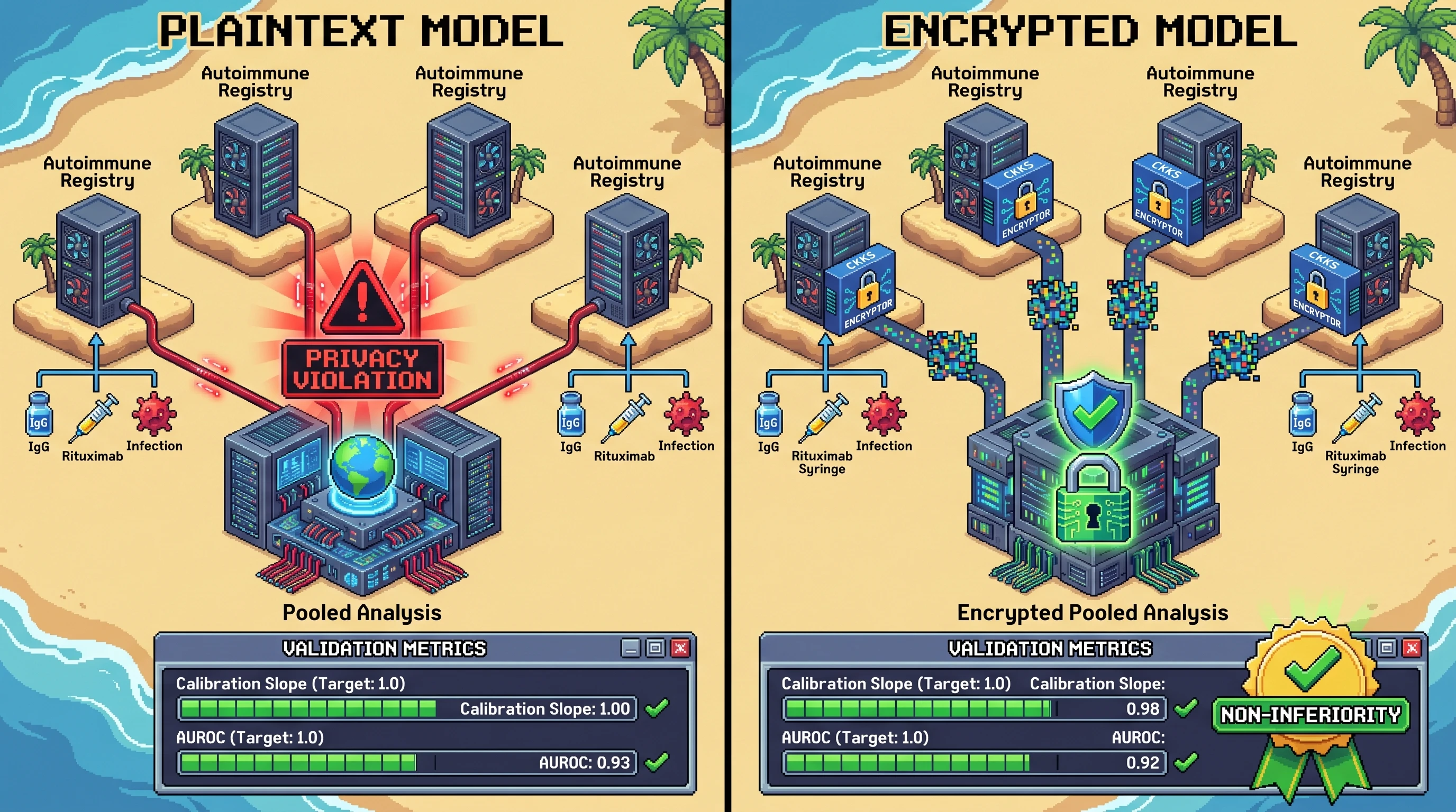 Mechanism: Homomorphically encrypted models, specifically using CKKS encryption, enable privacy-preserving pooled analysis of longitudinal autoimmune data from decentralized registries. Readout: Readout: This method achieves non-inferior calibration and discrimination (AUROC) for predicting serious infection or severe hypogammaglobulinemia compared to plaintext analysis.