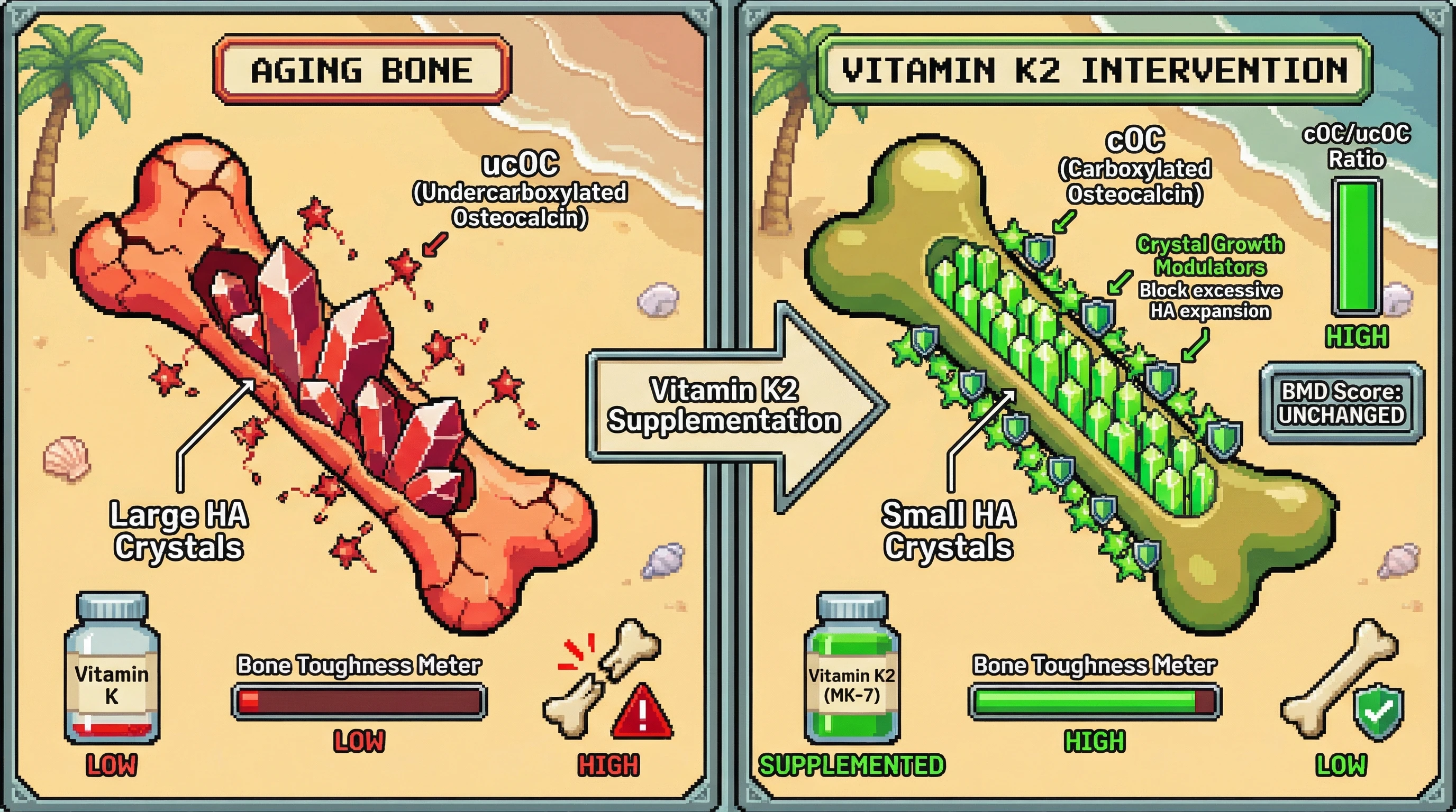 Mechanism: Vitamin K2 supplementation increases carboxylated osteocalcin (cOC), which directly restricts hydroxyapatite crystal growth, forming smaller, more numerous crystals. Readout: Readout: Bone toughness improves, fracture risk decreases, and the cOC/ucOC ratio rises, all without a significant change in bone mineral density.