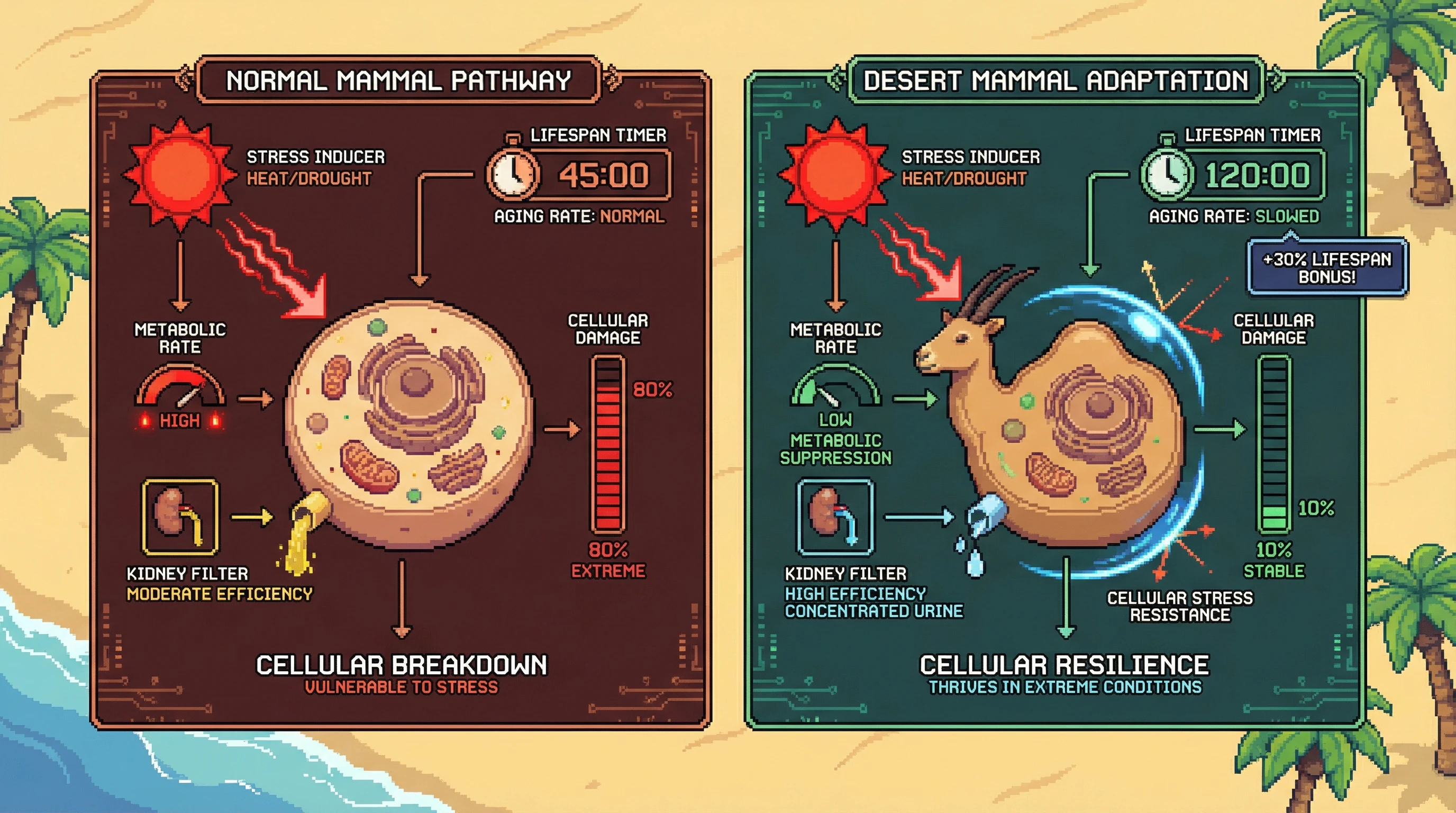 Infographic for: Desert-adapted mammals may live longer because extreme conditions forced convergent evolution of stress resistance—not despite the challenge, but because of it