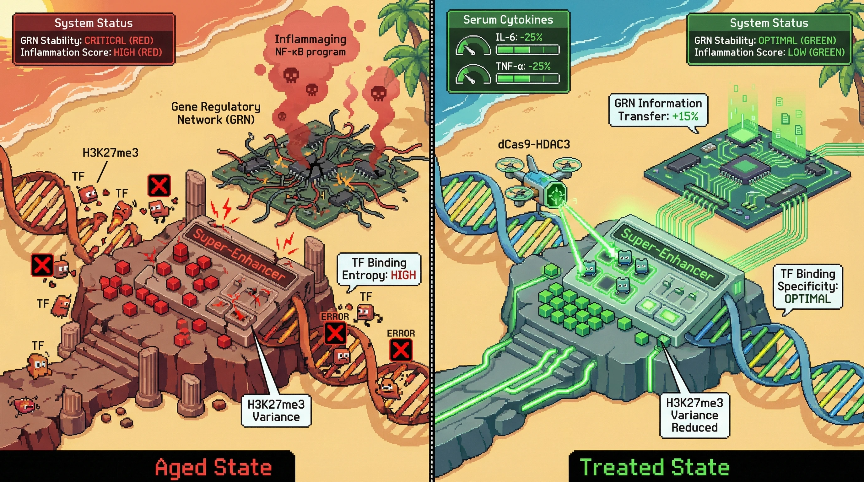 Infographic for: Epigenetic scar resetting precedes GRN rewiring to mitigate inflammaging