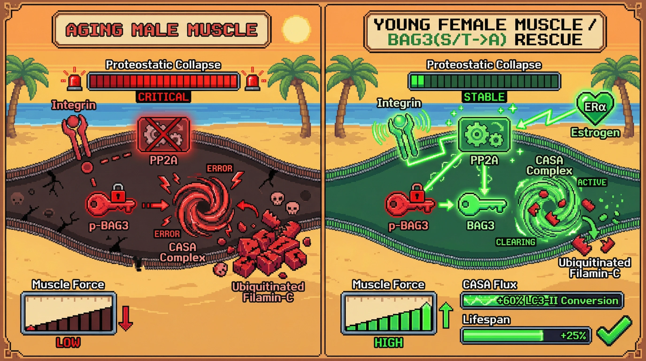 Infographic for: BAG3 Dephosphorylation by Mechanosensitive PP2A Links Integrin Signaling to Sex-Specific CASA Activation in Aging Muscle