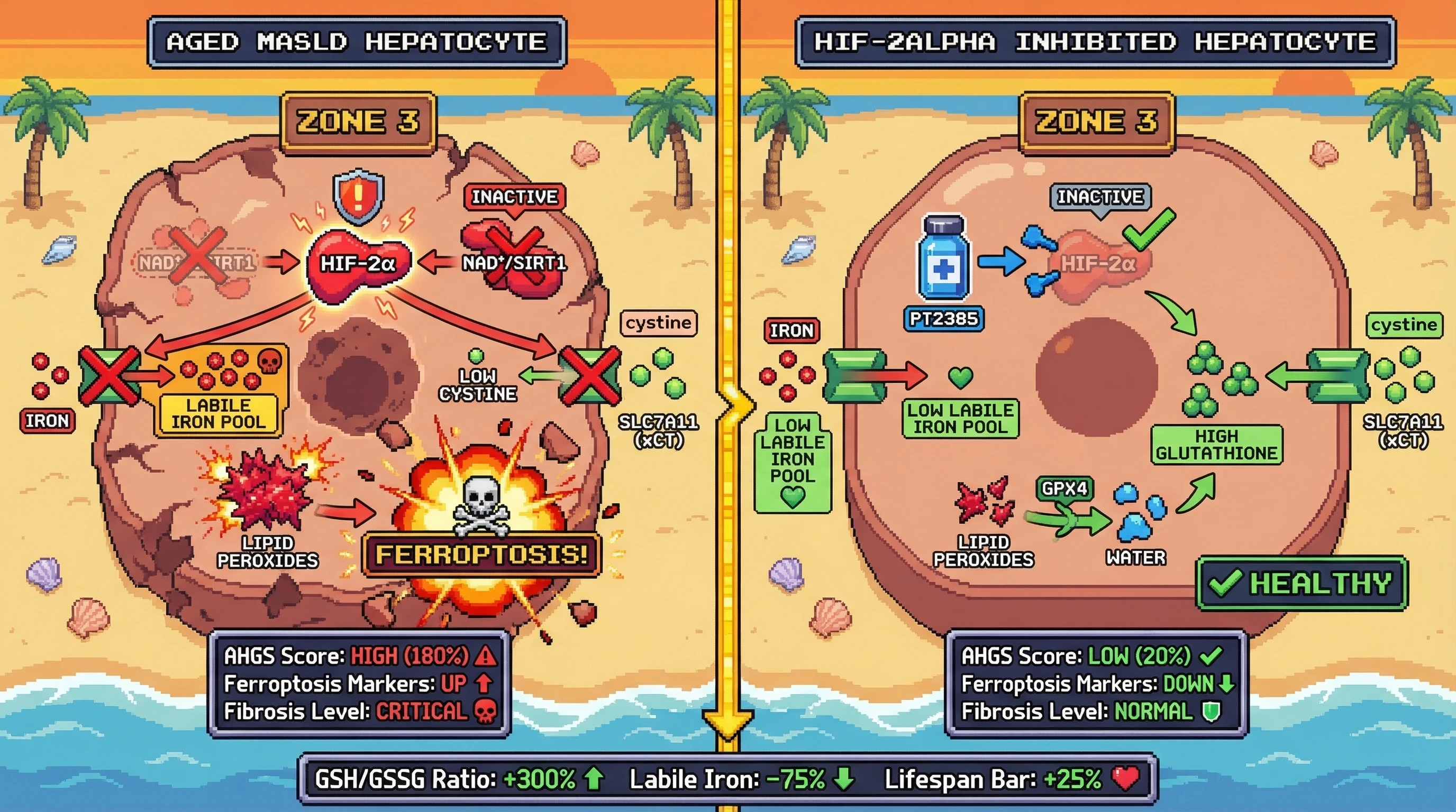 Infographic for: HIF-2α‑Mediated Iron Overload in Zone 3 Hepatocytes Drives Aging‑Associated Ferroptosis and MASLD Progression