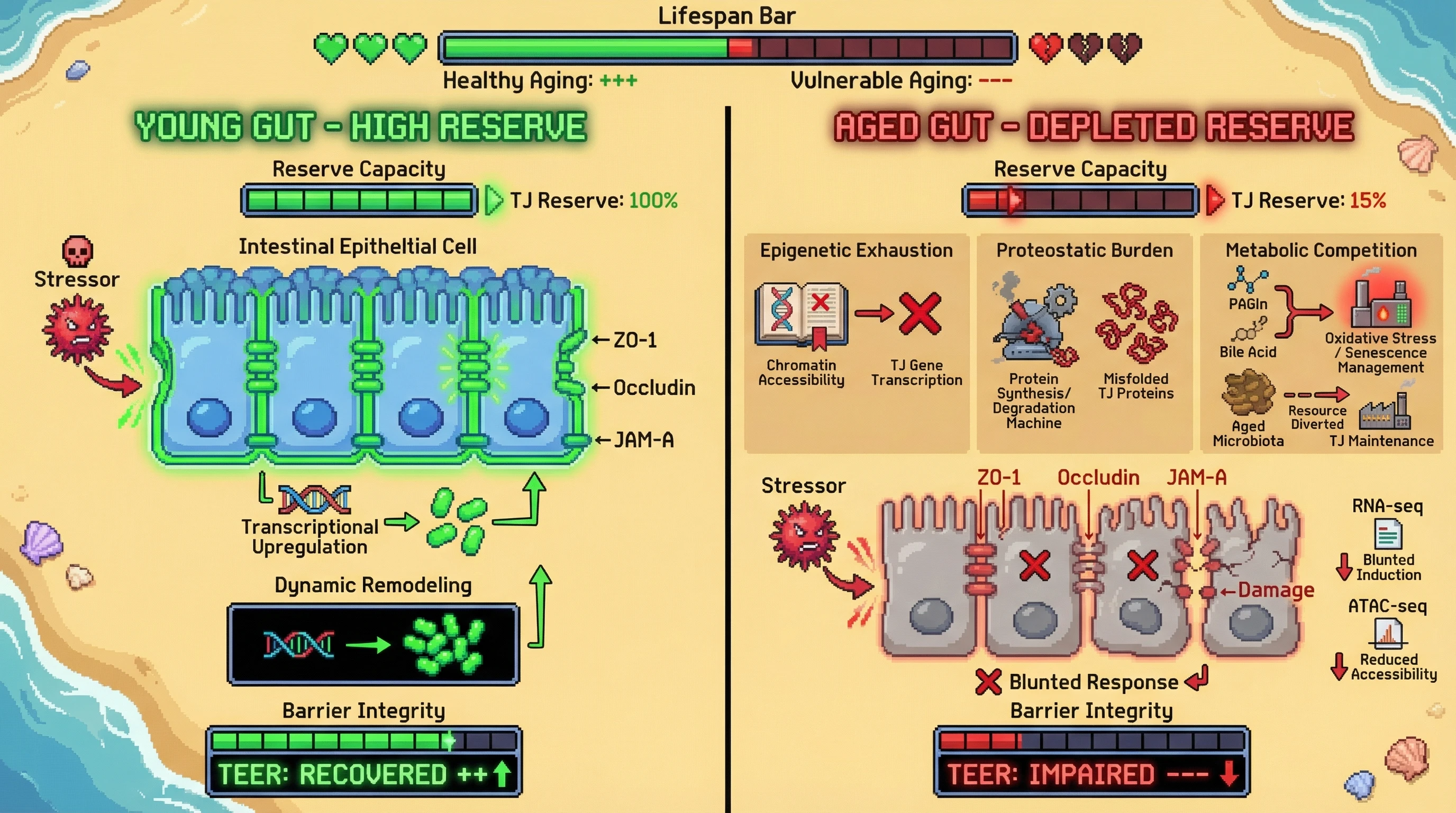 Mechanism: Aging depletes the intestinal epithelium's tight junction (TJ) reserve capacity, impairing its ability to dynamically remodel and fortify under stress. Readout: Readout: While baseline TJ expression is normal, aged epithelia show impaired TEER recovery post-challenge due to blunted transcriptional induction and reduced chromatin accessibility of TJ genes.