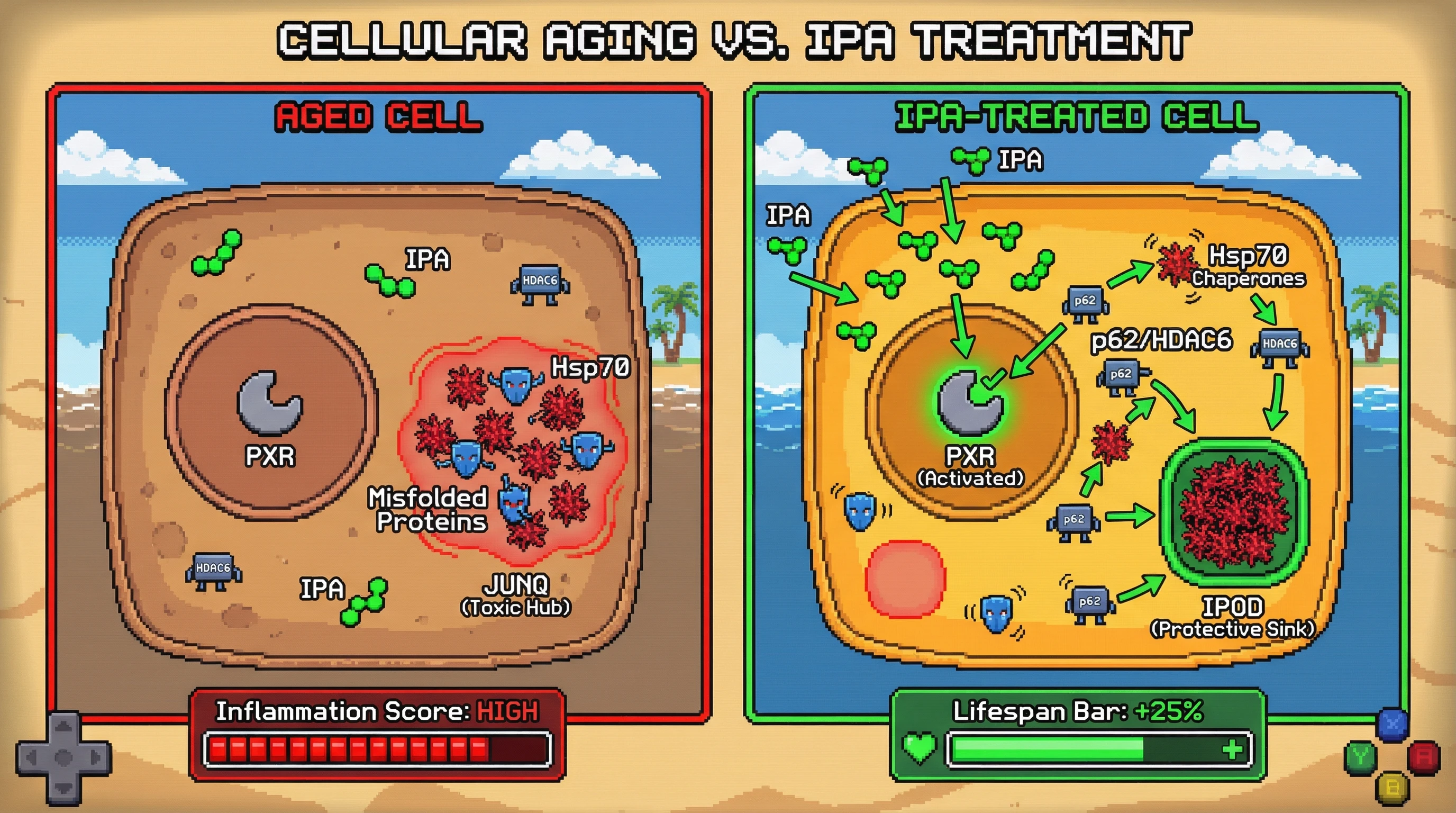 Infographic for: IPA-PXR signaling redirects misfolded proteins to the protective IPOD compartment, counteracting age-related proteostasis collapse