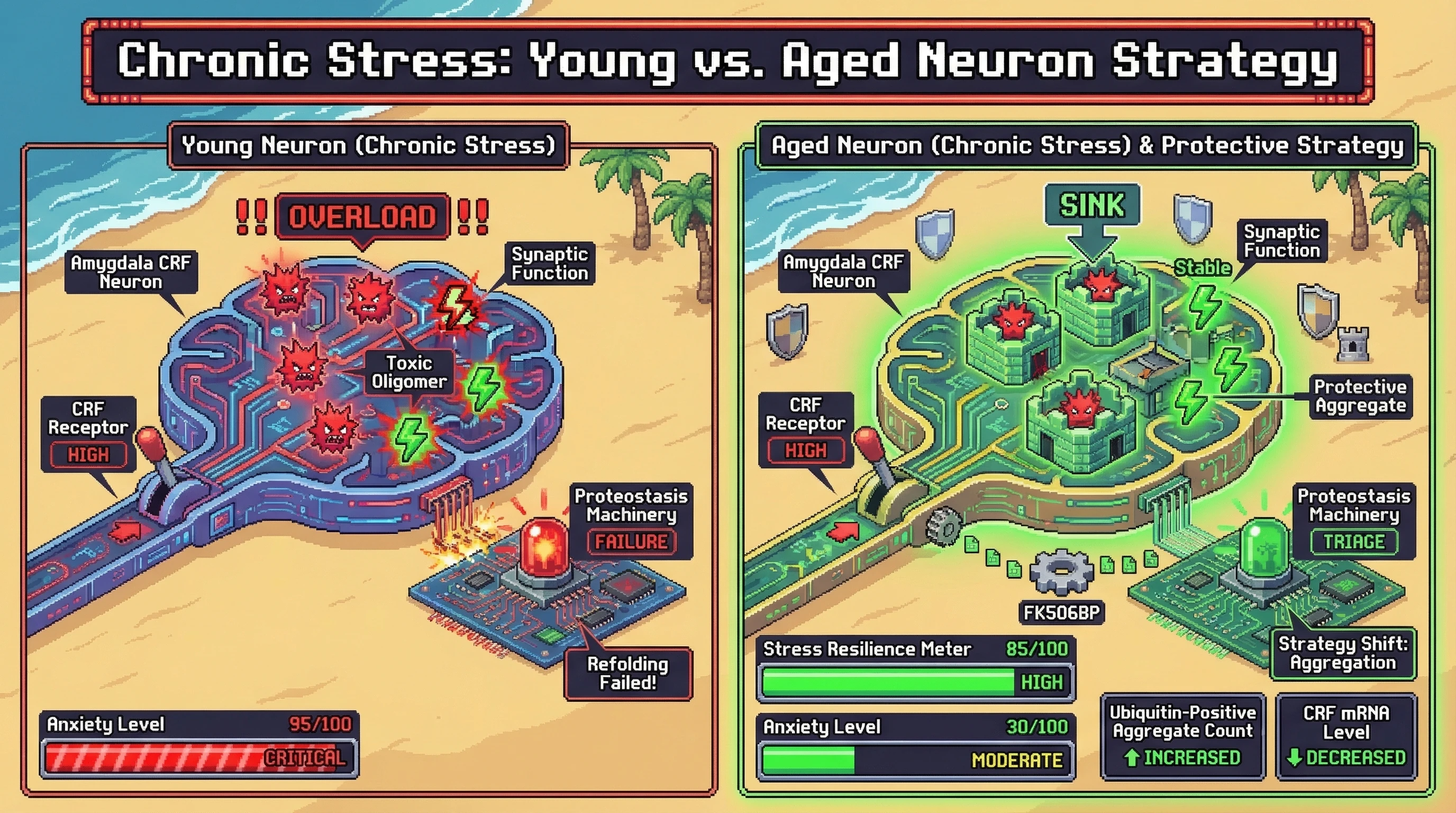 Mechanism: Chronic stress triggers protective protein aggregation in aged amygdala CRF neurons, sequestering toxic oligomers to prevent hyperexcitability. Readout: Readout: Aged neurons show increased ubiquitin-positive aggregates and decreased CRF mRNA levels, correlating with reduced anxiety-like behaviors and enhanced stress resilience.