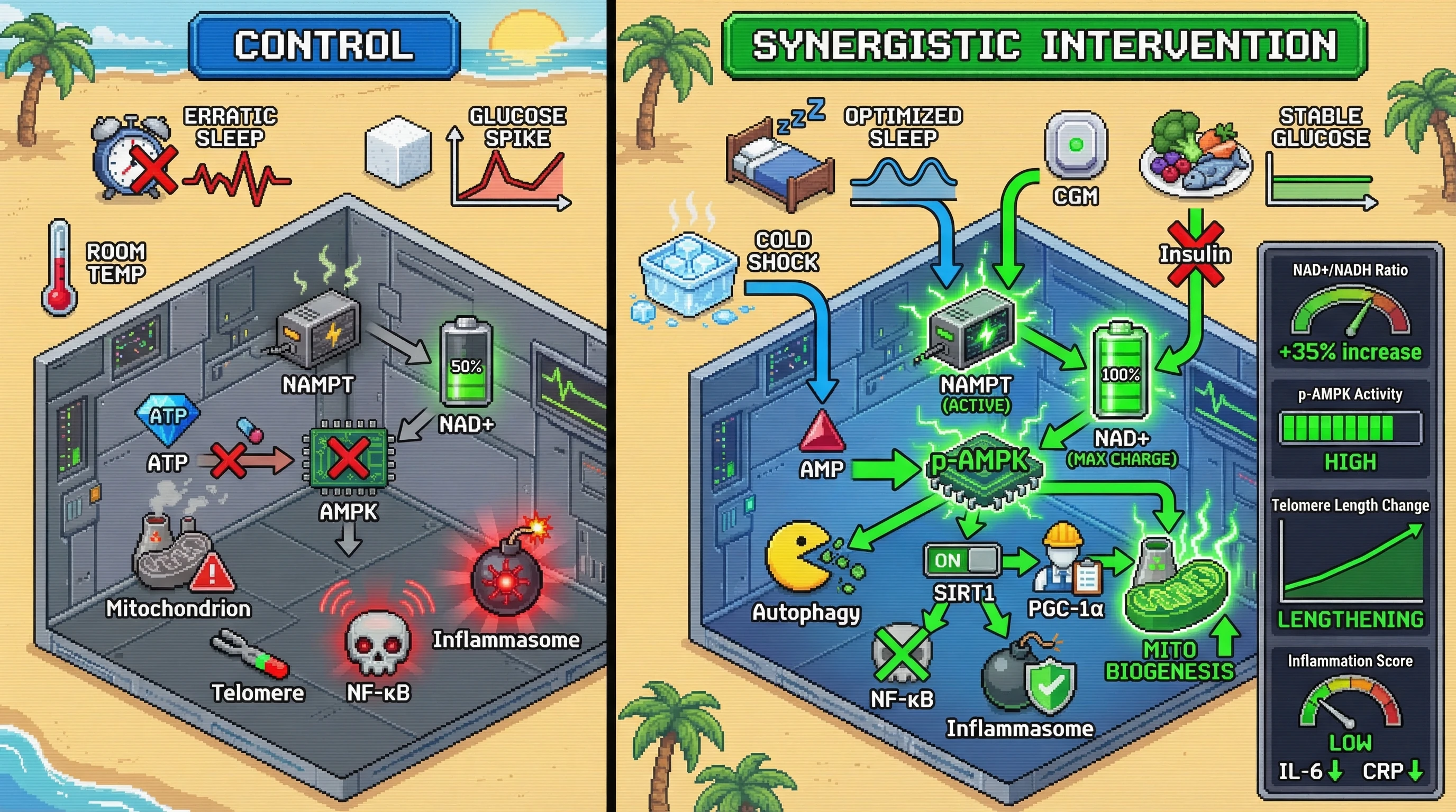 Infographic for: Synergistic Hormesis Hypothesis: Optimizing Sleep, Cold Exposure, and CGM-Guided Carb Timing to Boost AMPK‑NAD⁺ Signaling and Telomere Resilience