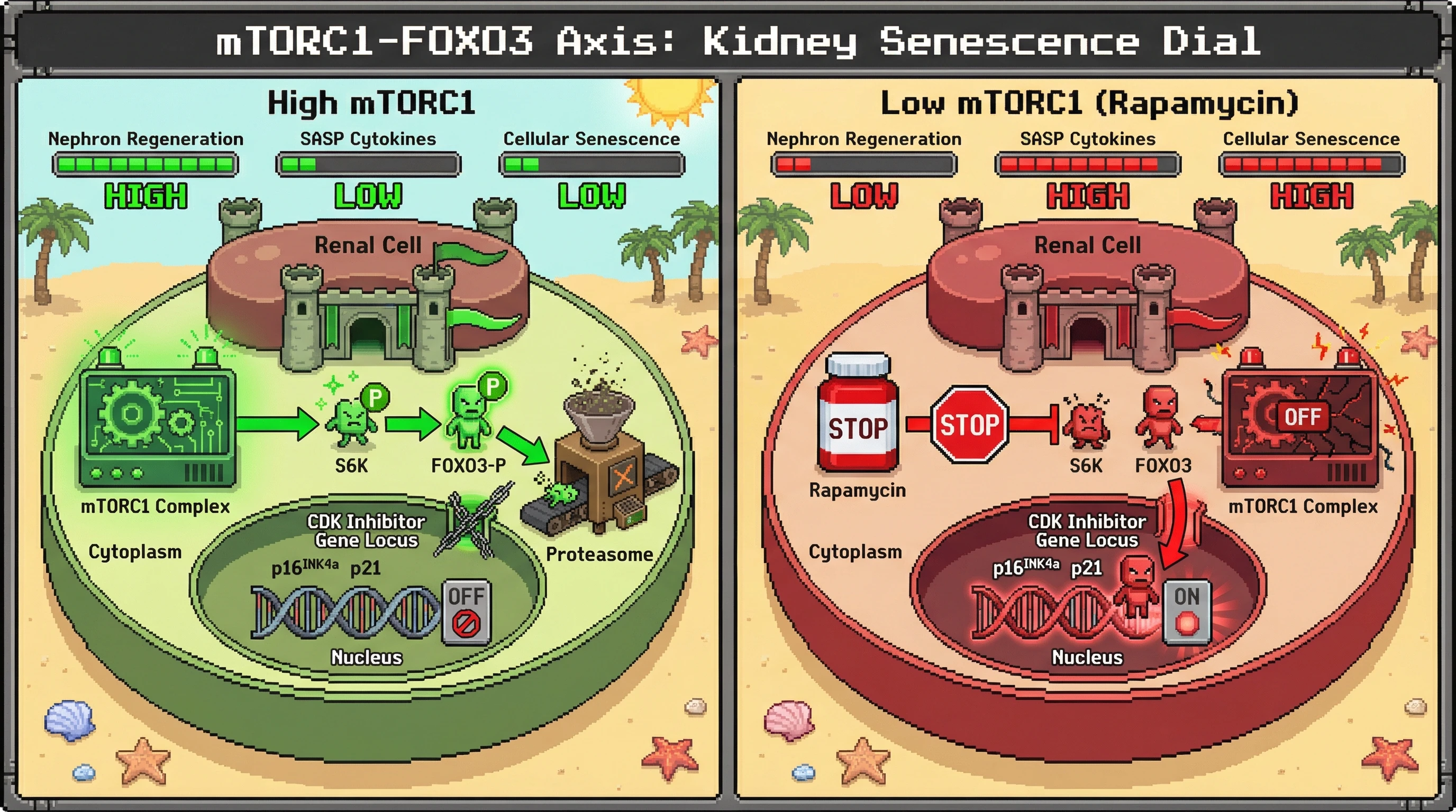 Mechanism: High mTORC1 activity phosphorylates FOXO3, retaining it in the cytoplasm and suppressing p16/p21 expression to promote nephron regeneration. Readout: Readout: Inhibiting mTORC1 with rapamycin activates nuclear FOXO3, elevating p16/p21 and SASP, increasing cellular senescence.