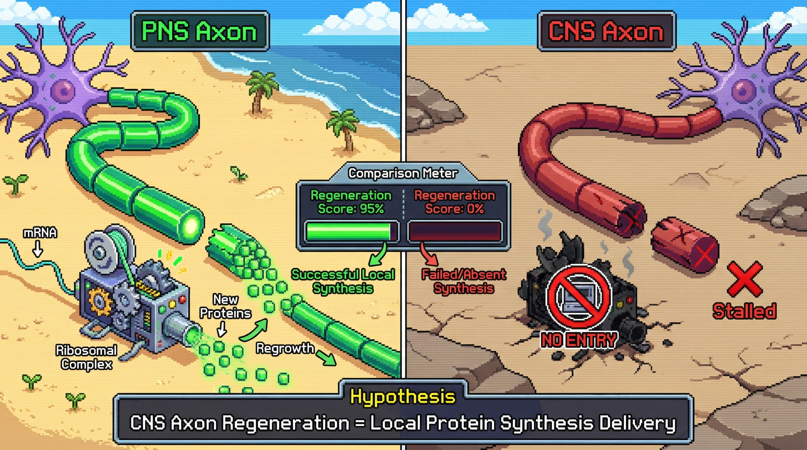 Infographic for: Axons can synthesize their own proteins—and this local translation is required for regeneration. The difference between PNS and CNS is not intrinsic inability but delivery failure.