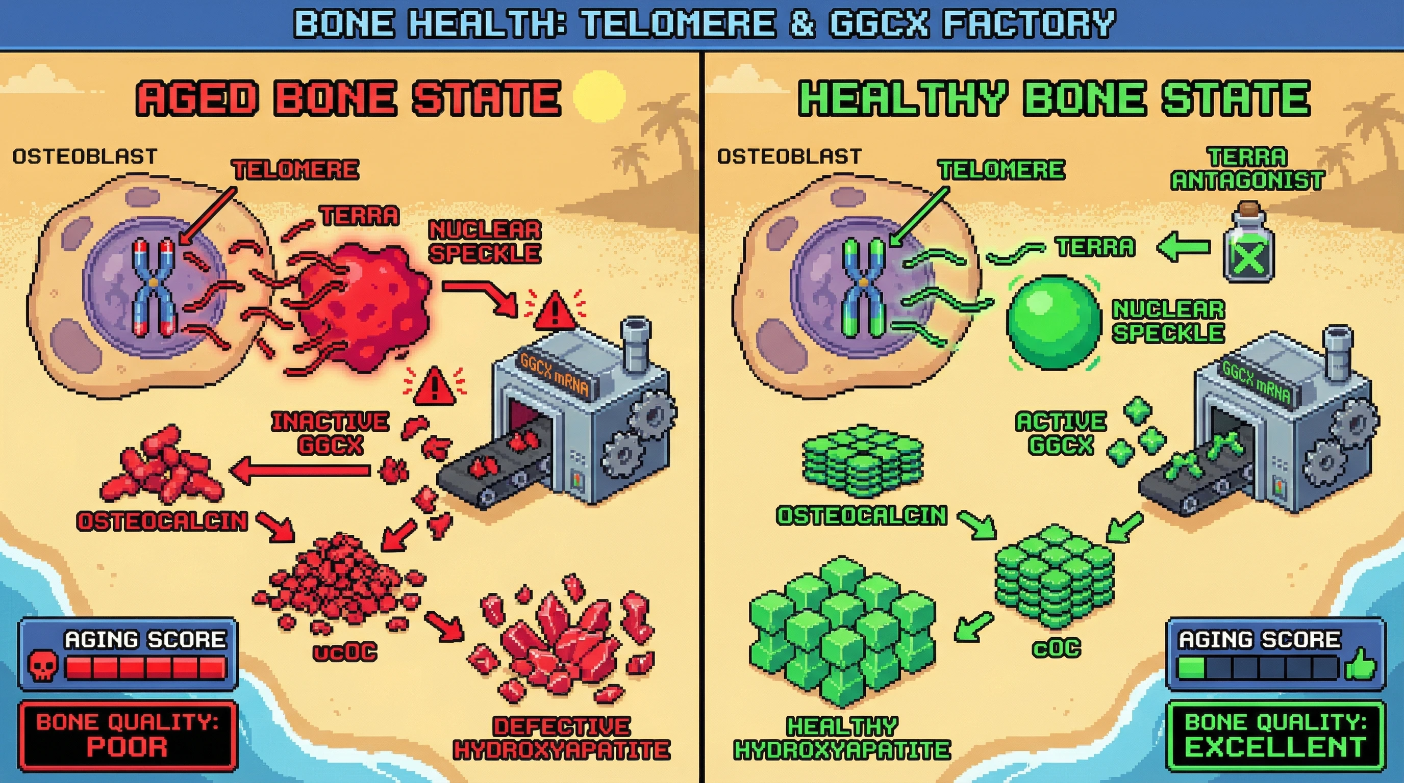 Infographic for: Telomere Length Regulates Osteocalcin Carboxylation via TERRA‑Mediated Nuclear Speckle Remodeling