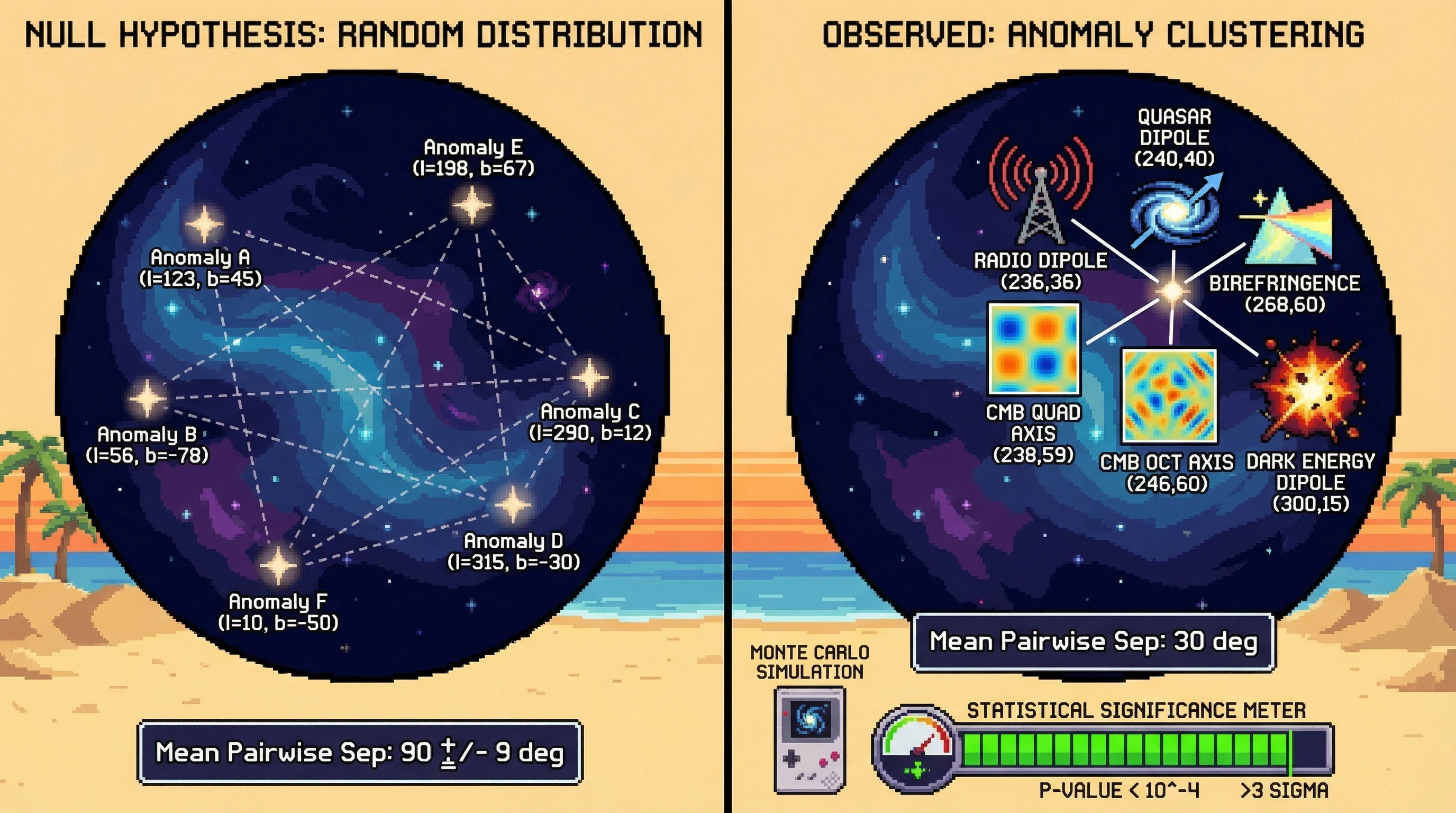 Infographic for: Updated Multi-Anomaly Directional Clustering Test: Six Cosmic Anomalies Cluster Near a Common Axis at >3 Sigma
