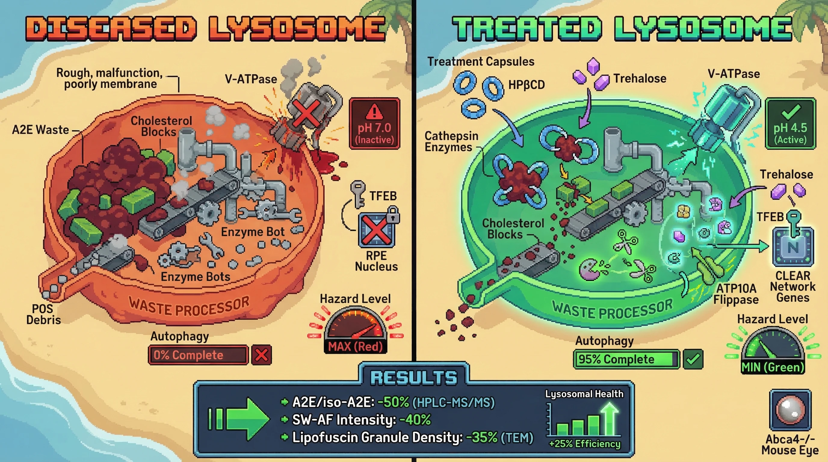 Infographic for: Intravitreal co-formulation of HPβCD and trehalose exploits orthogonal, non-overlapping mechanisms—direct bisretinoid...