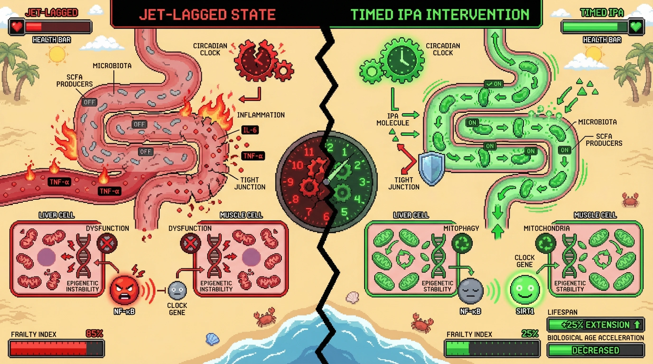 Mechanism: Timed IPA supplementation restores gut microbiota rhythmicity and strengthens gut barrier function, re-synchronizing host circadian clocks and improving mitochondrial health. Readout: Readout: This leads to reduced frailty, decreased biological age acceleration, and a projected 25% increase in lifespan.