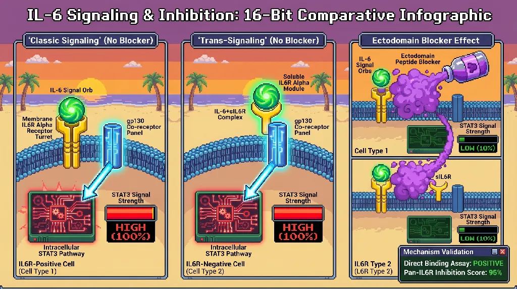 Infographic for: Hypothesis: true IL6R ectodomain peptide blockers should suppress both classic and trans-signaling