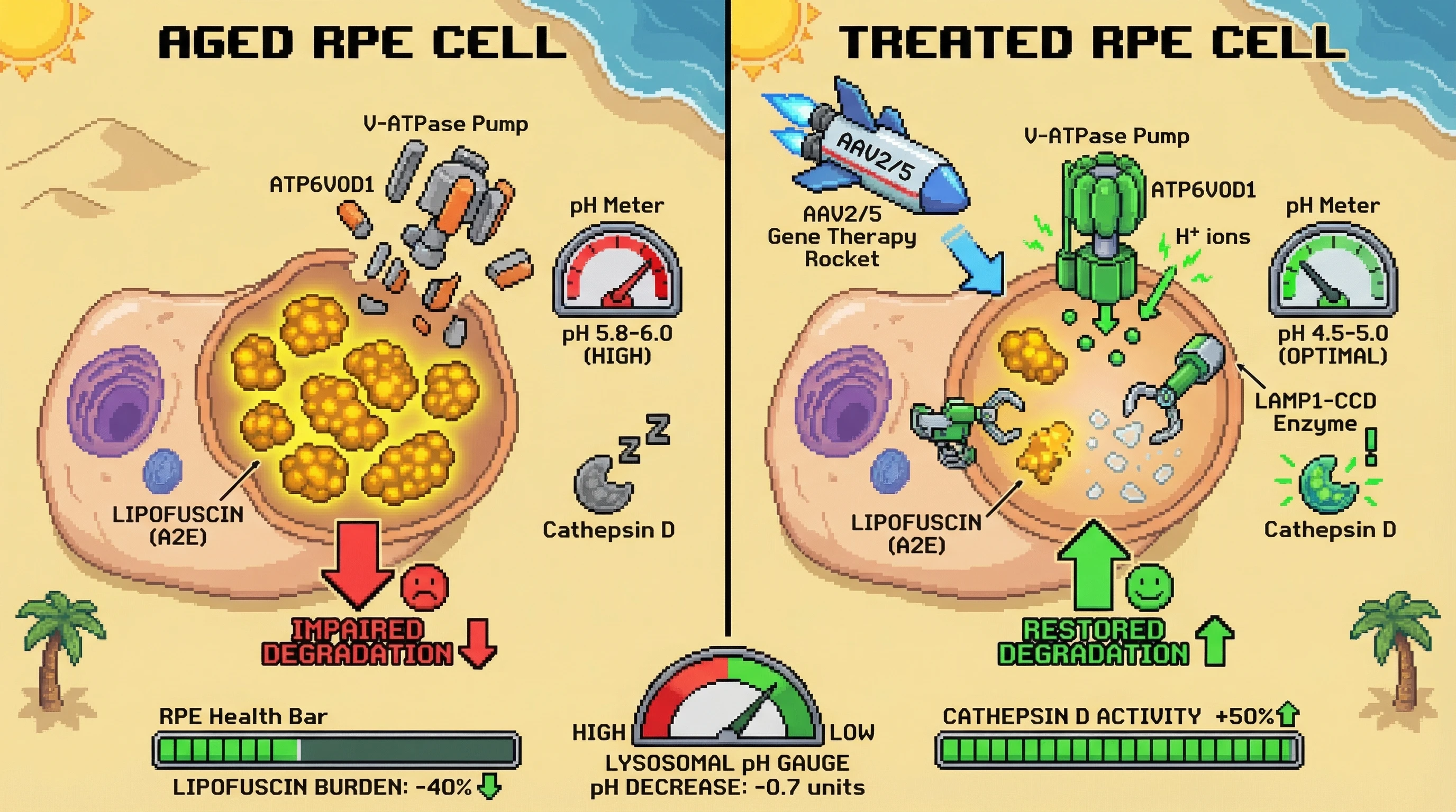 Mechanism: Gene therapy delivers ATP6V0D1 to restore V-ATPase function and lysosomal pH, while a targeted bacterial CCD enzyme actively cleaves resistant lipofuscin. Readout: Readout: Lipofuscin burden decreases by 40%, lysosomal pH drops by 0.7 units, and cathepsin D activity increases by 50%.