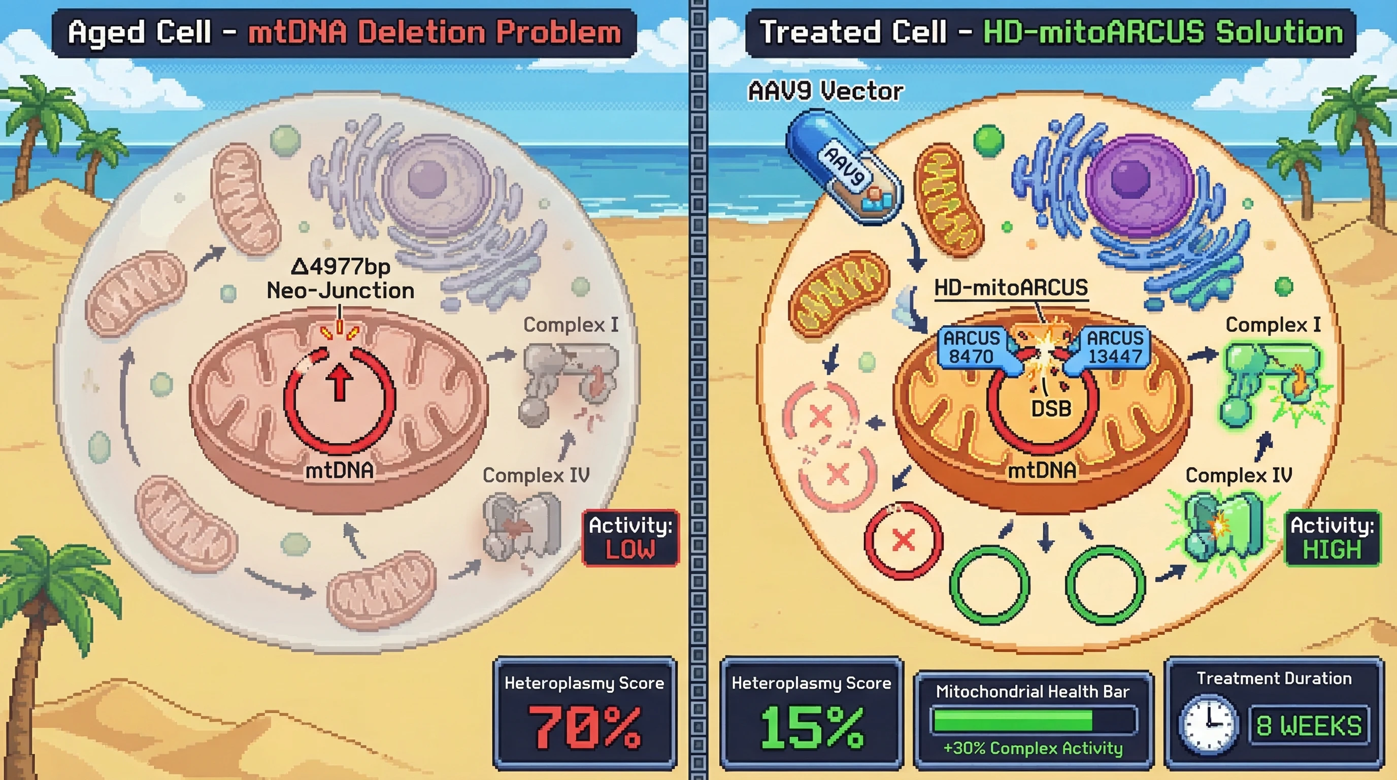Mechanism: AAV9-delivered heterodimeric mitoARCUS specifically targets and eliminates Δ4977bp deletion-bearing mtDNA genomes in aged cells. Readout: Readout: This reduces mtDNA heteroplasmy by over 50% and restores mitochondrial Complex I and IV activity by more than 30% within 8 weeks.