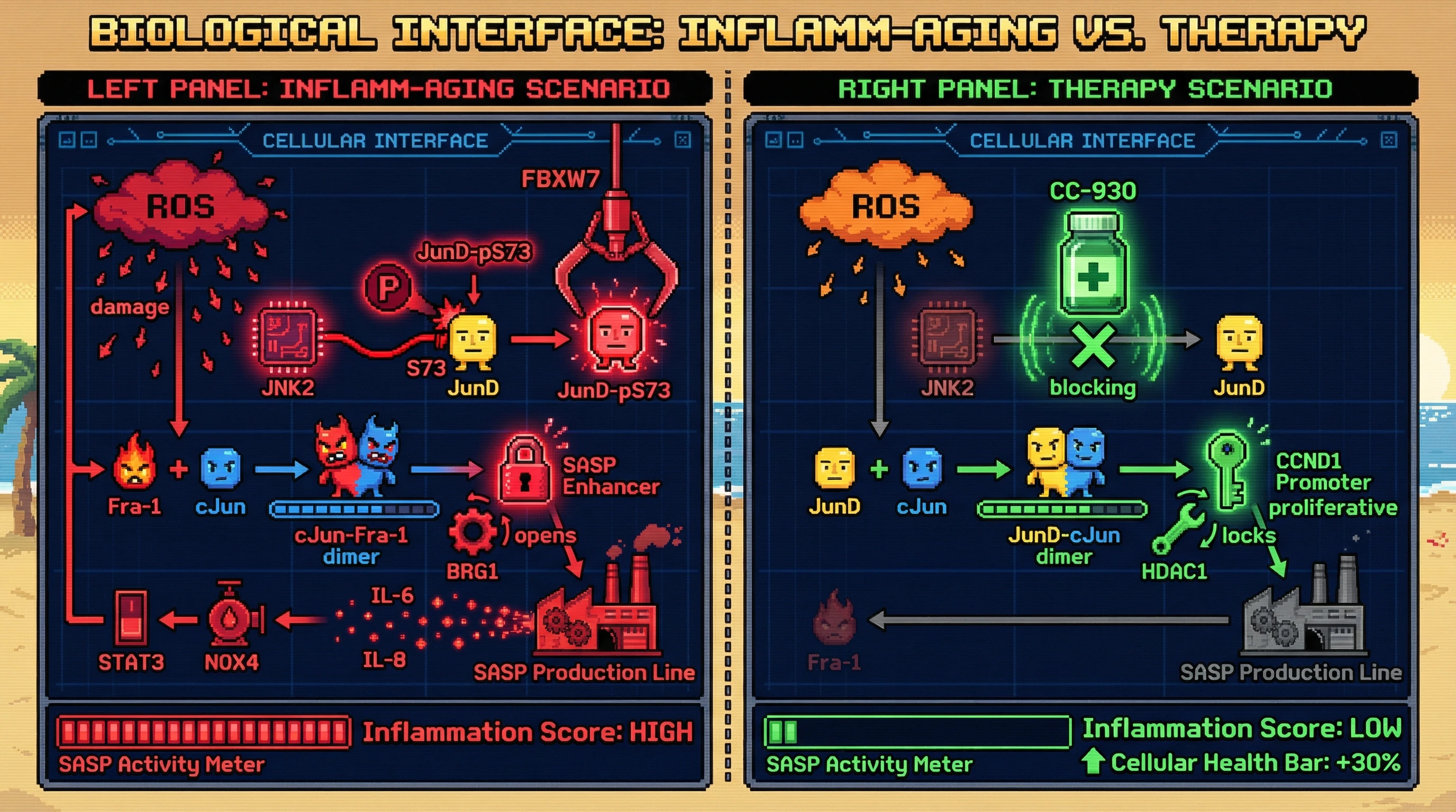 Infographic for: JNK2-driven JunD phosphorylation triggers AP-1 heterodimer switch to Fra-1/cJun, locking in SASP during inflammaging