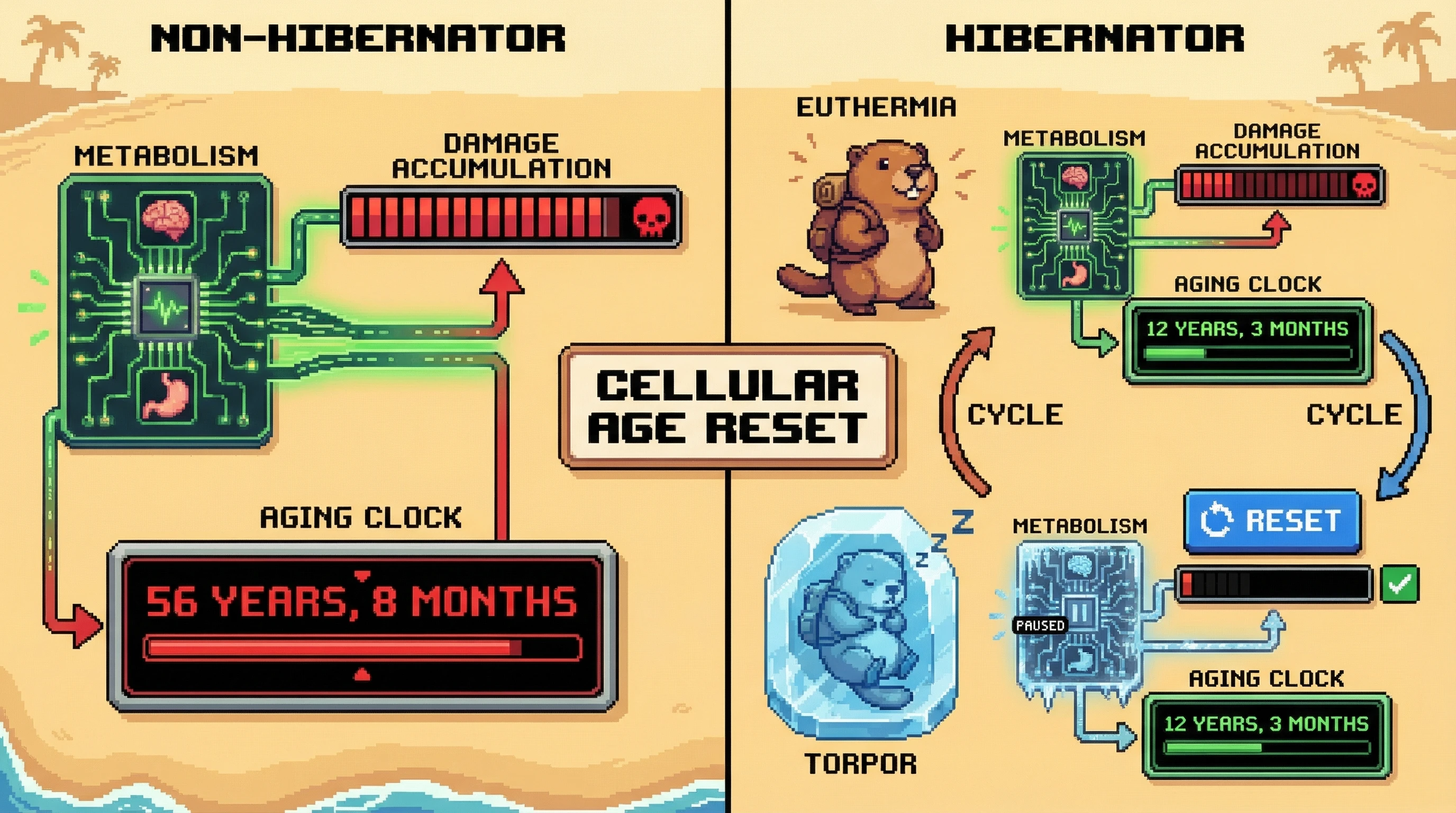 Mechanism: Hibernation torpor cycles induce reversible hypometabolism, allowing for the periodic clearance of cellular damage. Readout: Readout: This process visually resets the 'Aging Clock' and prevents continuous 'Damage Accumulation' seen in non-hibernating states.