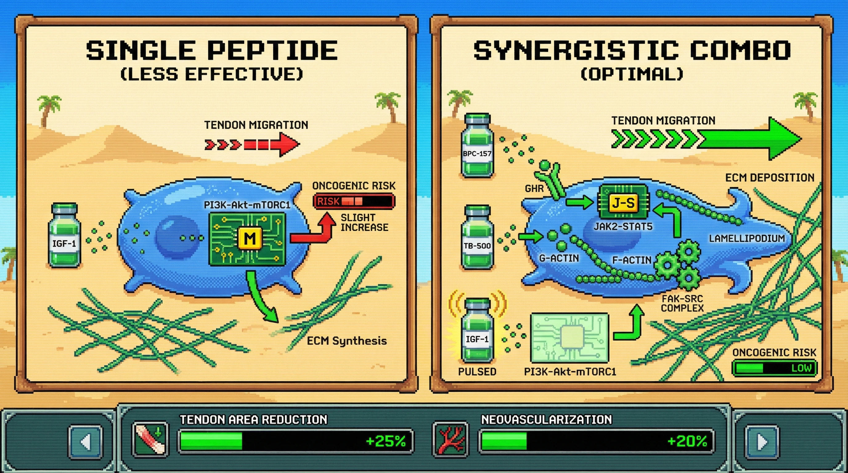 Infographic for: Pulsed low‑dose IGF‑1 combined with BPC‑157 and TB‑500 enhances tendon fibroblast migration via synergistic JAK‑STAT/FAK activation while limiting mTOR‑driven oncogenic risk