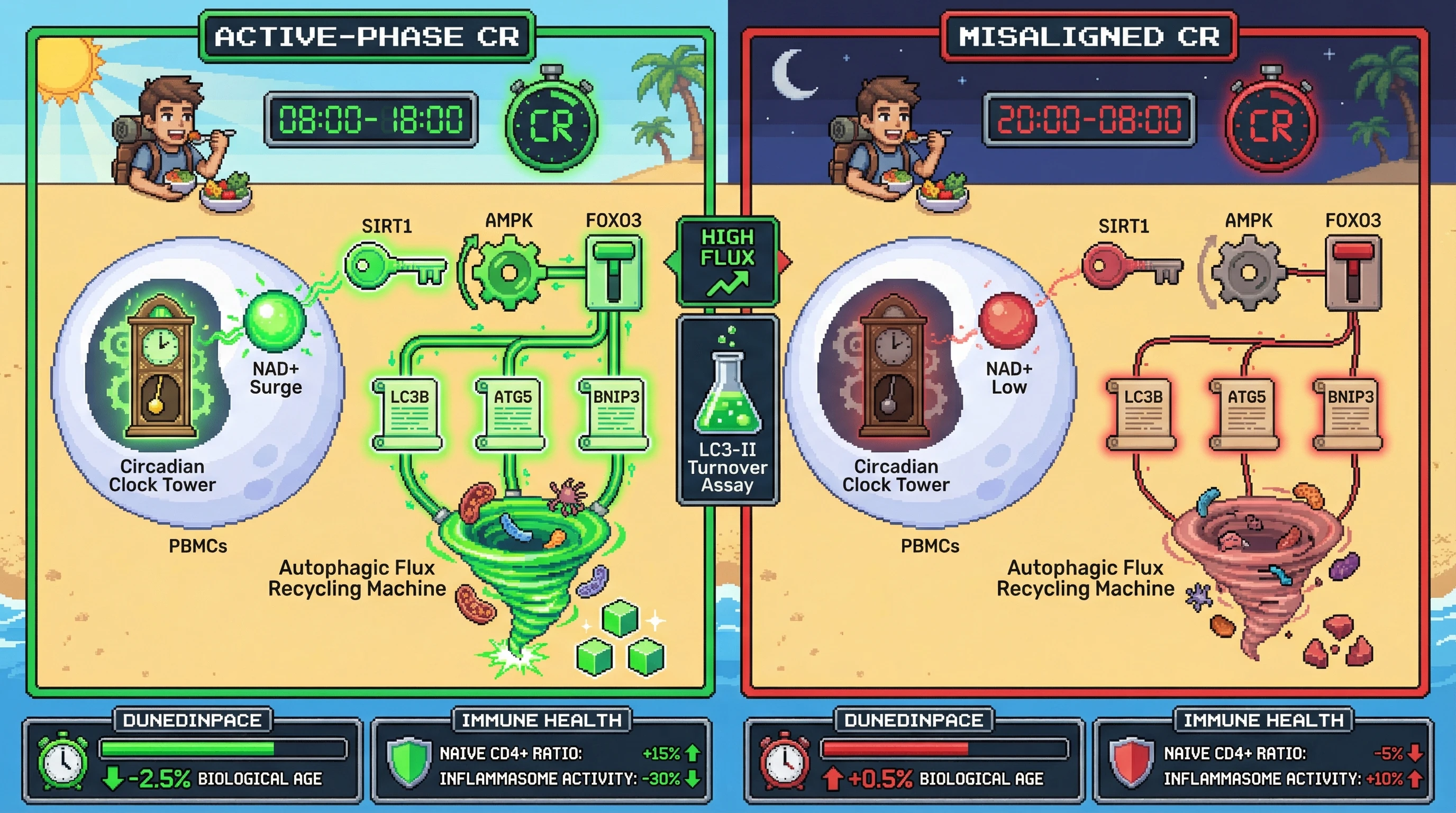 Infographic for: Timing-Dependent Autophagic Flux in Blood Cells as a Biomarker of Longevity Benefits from Active-Phase Caloric Restriction