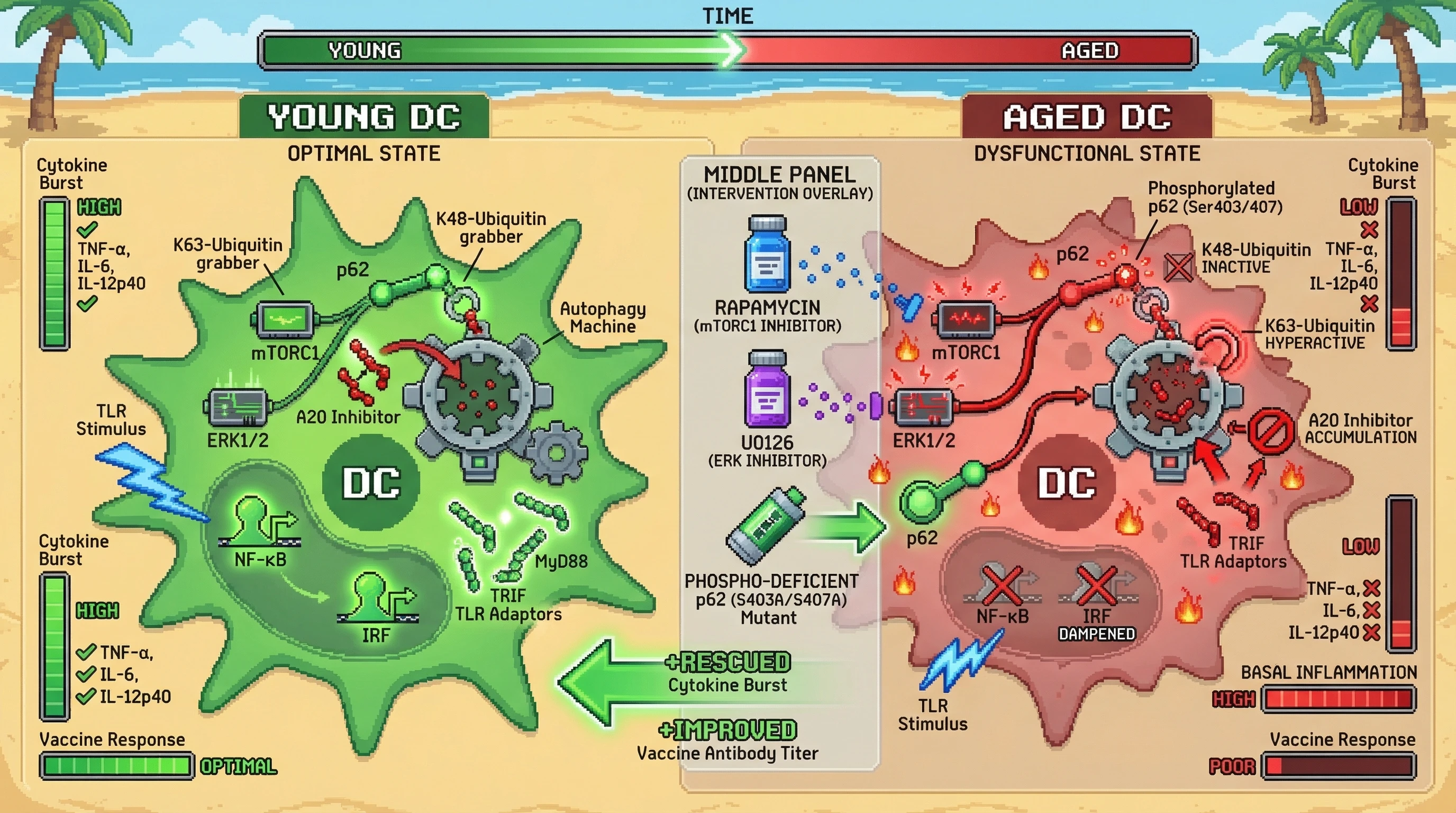 Infographic for: Aging-induced p62 phosphorylation flips autophagy selectivity to destroy TLR adaptors and spare brakes, driving inflamm‑aging and poor vaccine response