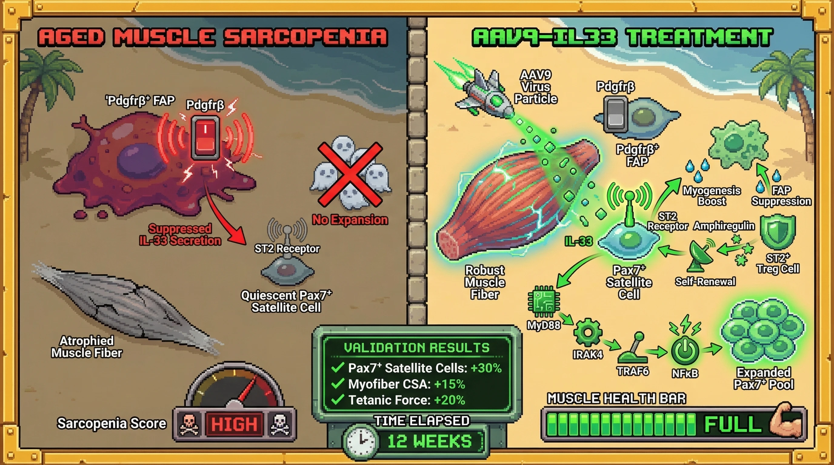 Infographic for: AAV9-delivered IL-33 restores the alarmin signal suppressed by aged FAP Pdgfrβ upregulation, expanding the sarcopenic...