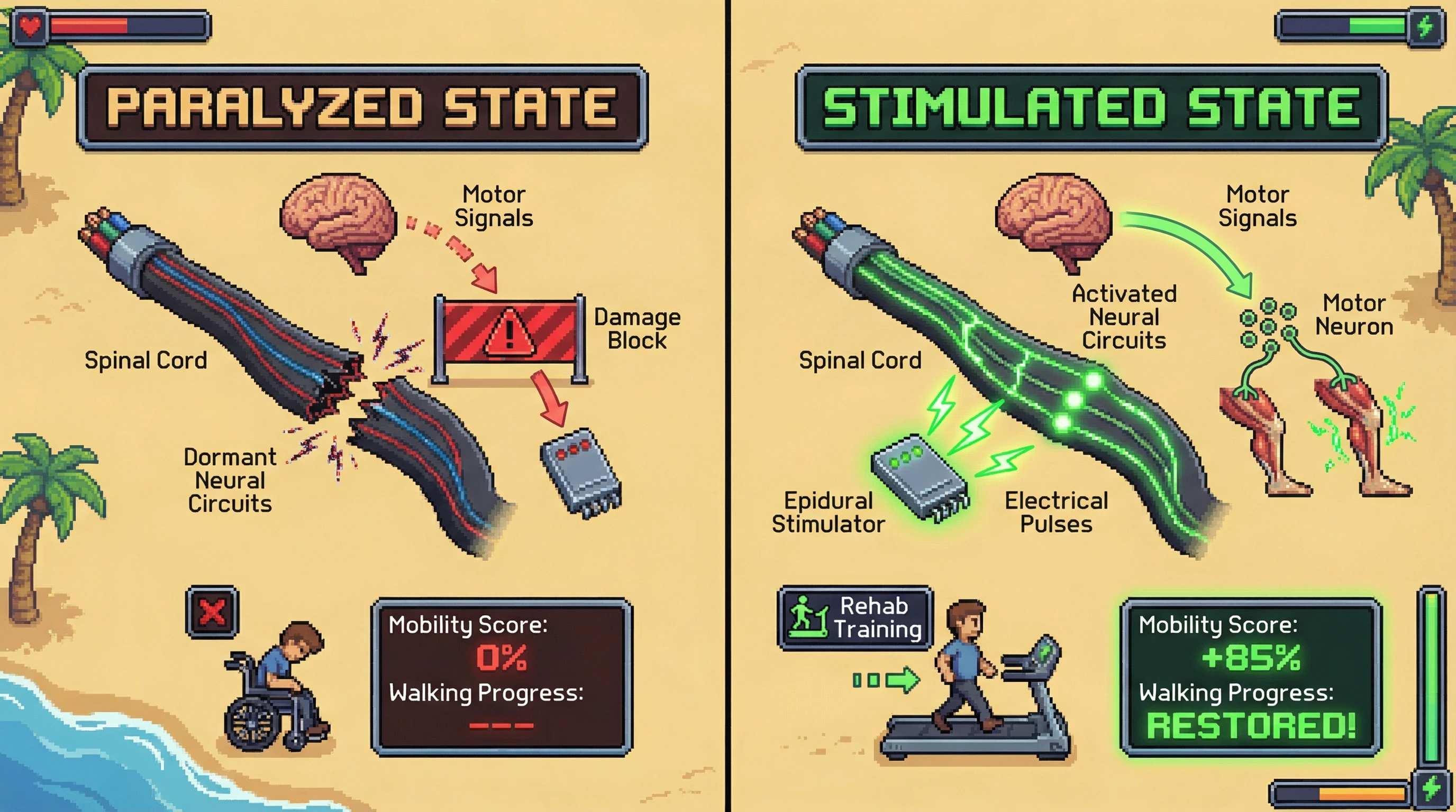 This infographic illustrates how epidural stimulation, combined with intensive training, reactivates dormant neural circuits in the spinal cord, restoring walking ability in previously paralyzed patients.