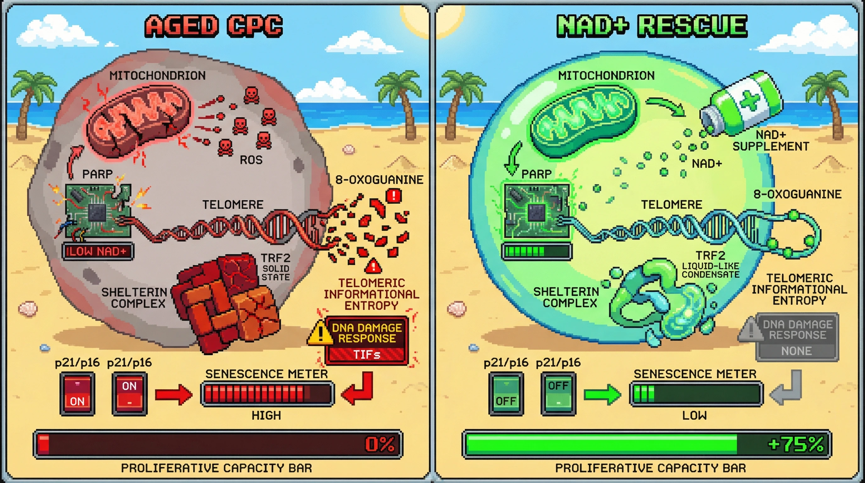 Infographic for: Telomeric Informational Entropy as a Redox-Sensitive Rheostat Governing Cardiac Progenitor Senescence