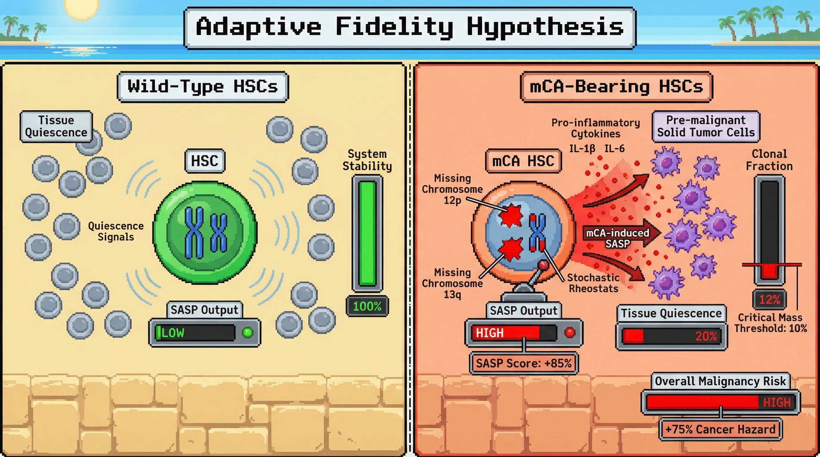 Mechanism: Mosaic chromosomal alterations (mCAs) in hematopoietic stem cells (HSCs) act as 'stochastic rheostats,' forcing them into a pro-inflammatory Senescence-Associated Secretory Phenotype (SASP) that inadvertently fosters pre-malignant solid tumor growth. Readout: Readout: This process is associated with a 'SASP Score: +85%', a 'Clonal Fraction' exceeding the 'Critical Mass Threshold: 10%', and a '+75% Cancer Hazard' in the overall malignancy risk.