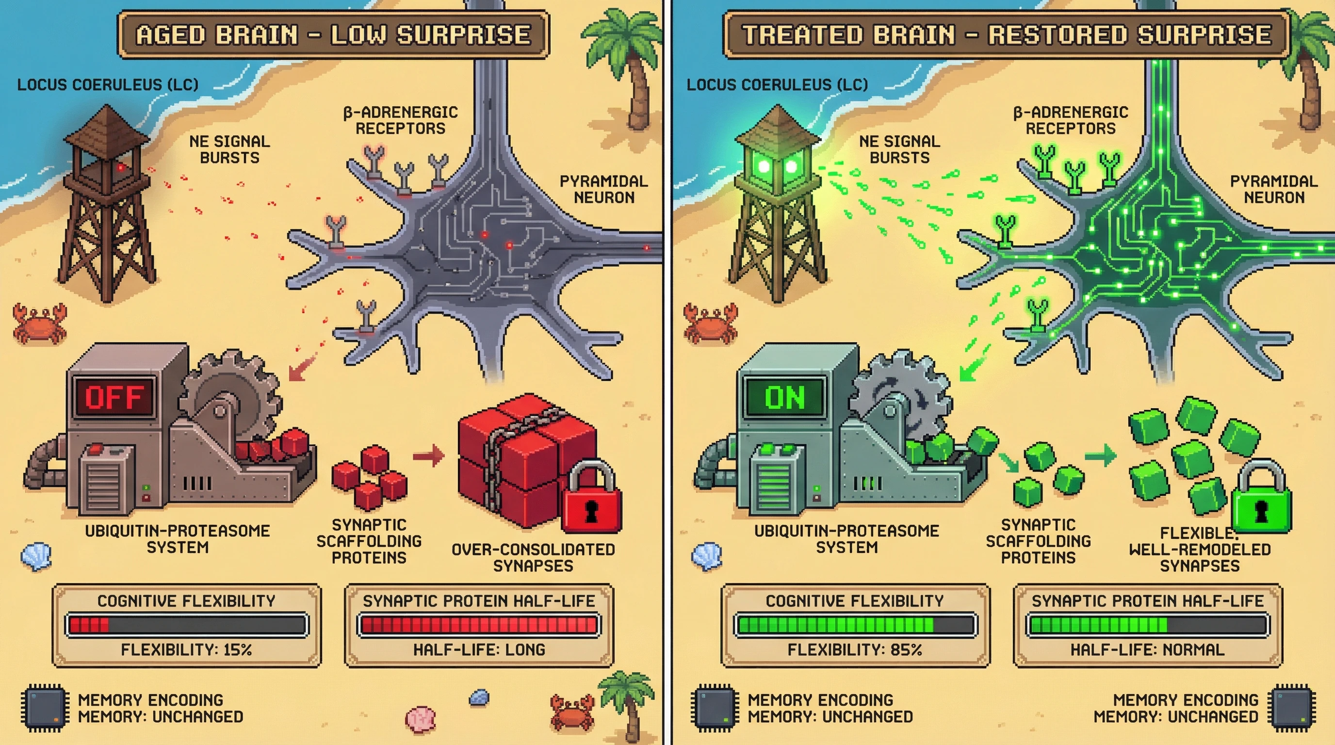 Infographic for: Synaptic over‑consolidation driven by waning surprise signaling: a LC‑NE–dependent mechanism for cognitive aging