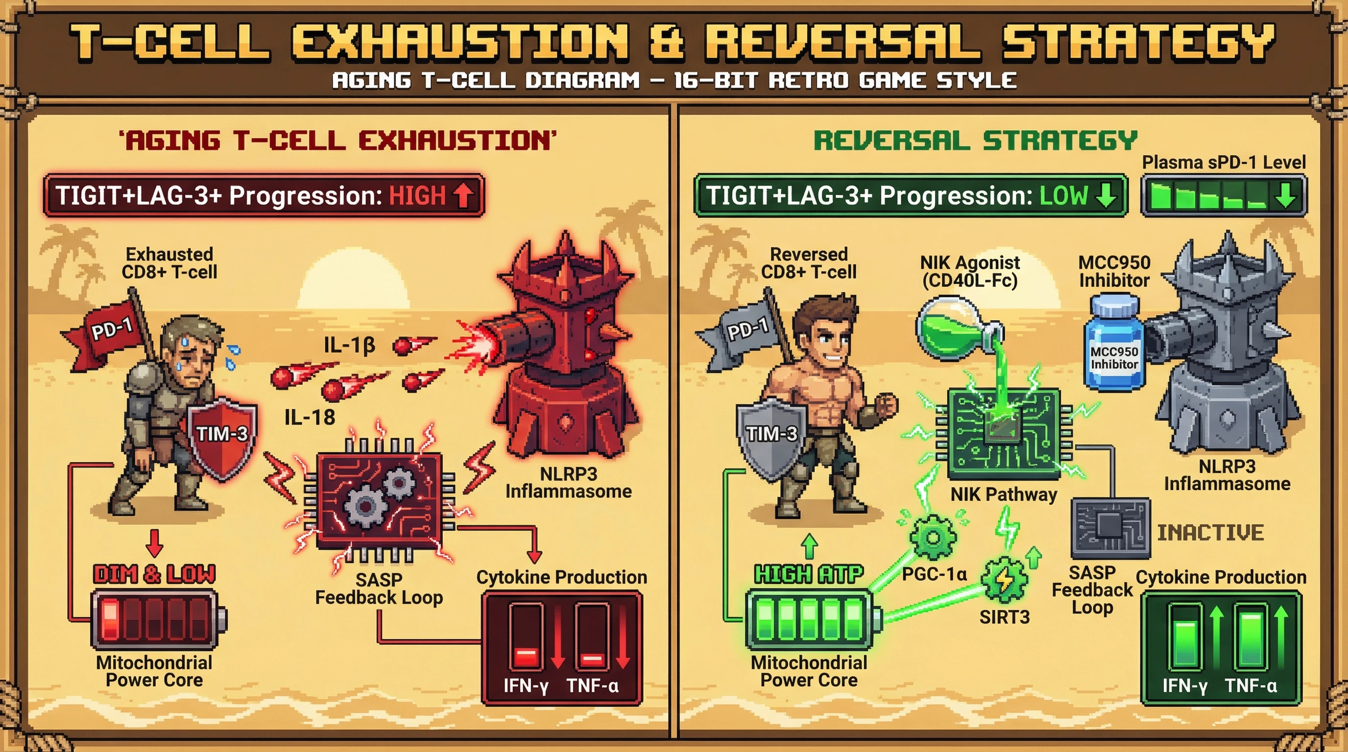 Infographic for: Transient NIK Activation Coupled with NLRP3 Inhibition Reverses Early T‑Cell Exhaustion in Aging by Decoupling Metabolic Rescue from Inflammatory Feedback